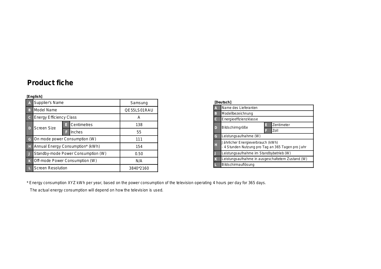 Samsung QE55LS01RA Technical data