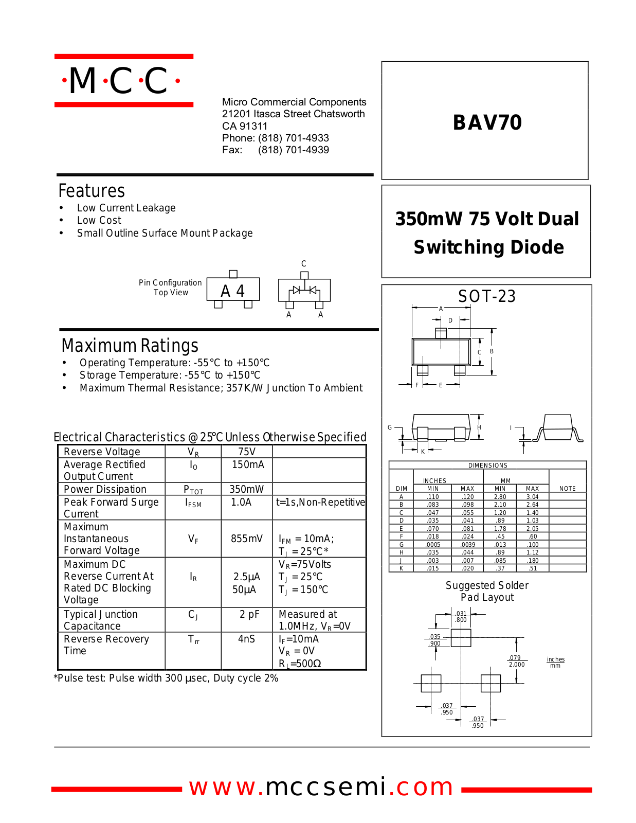 MCC BAV70 Datasheet