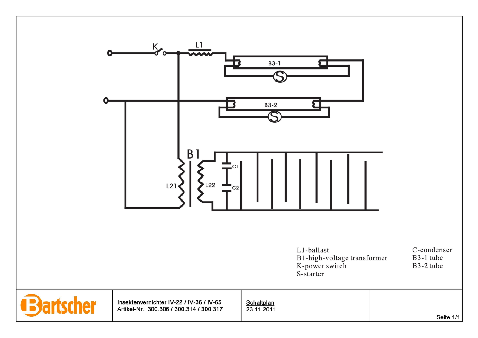 Bartscher IV-22, IV-36, IV-65, 300.306, 300.314 Electrical schema