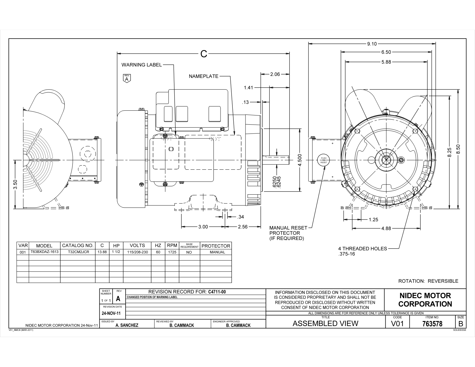 US Motors T32CM2JCR Dimensional Sheet