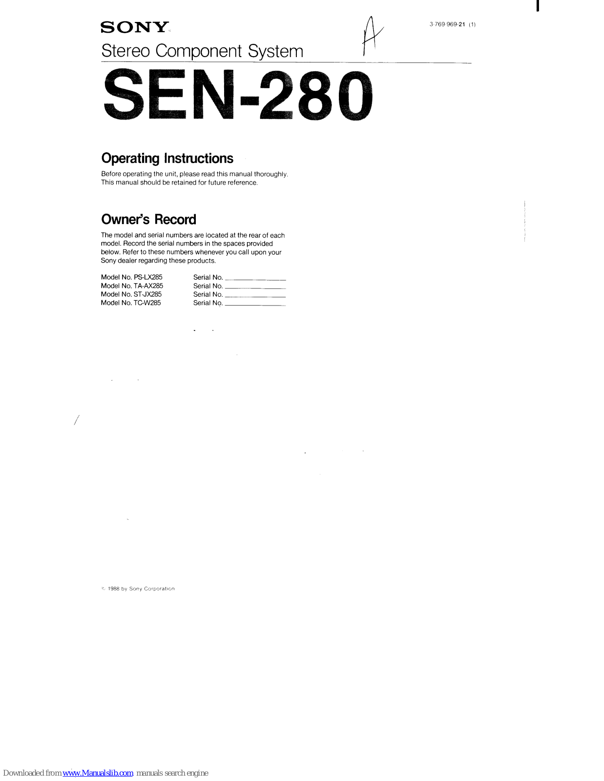 Sony TC-W285 Primary, TA-AX285, SEN-280, PS-LX285, ST-JX285 User Manual