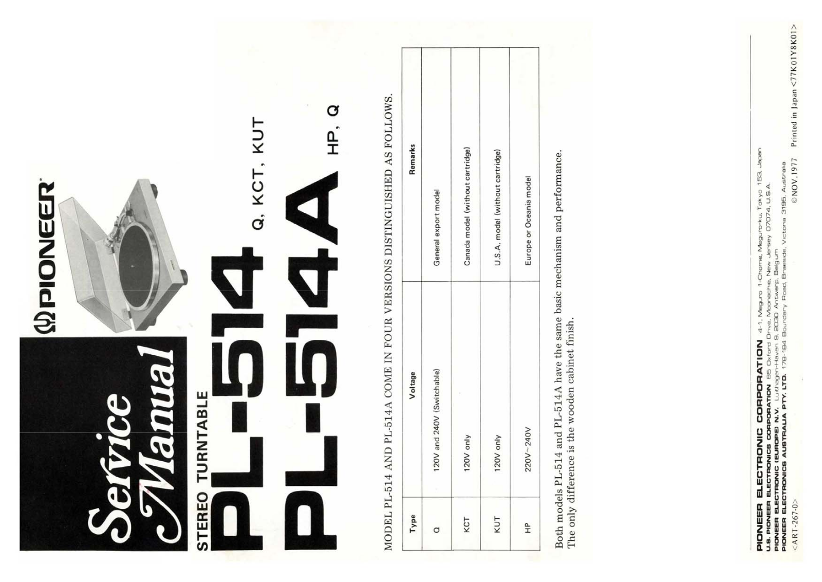 Pioneer PL-514A, PL-514 Service Manual