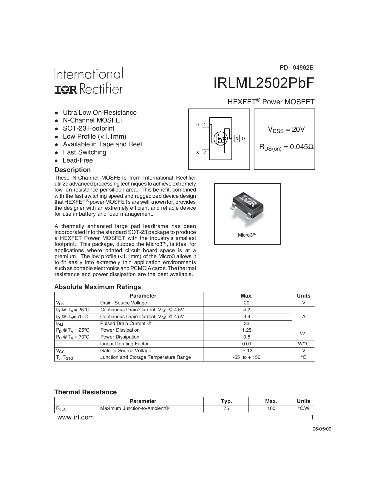 Datasheet IRLML 2502PbF Datasheet - ManualMachine.com