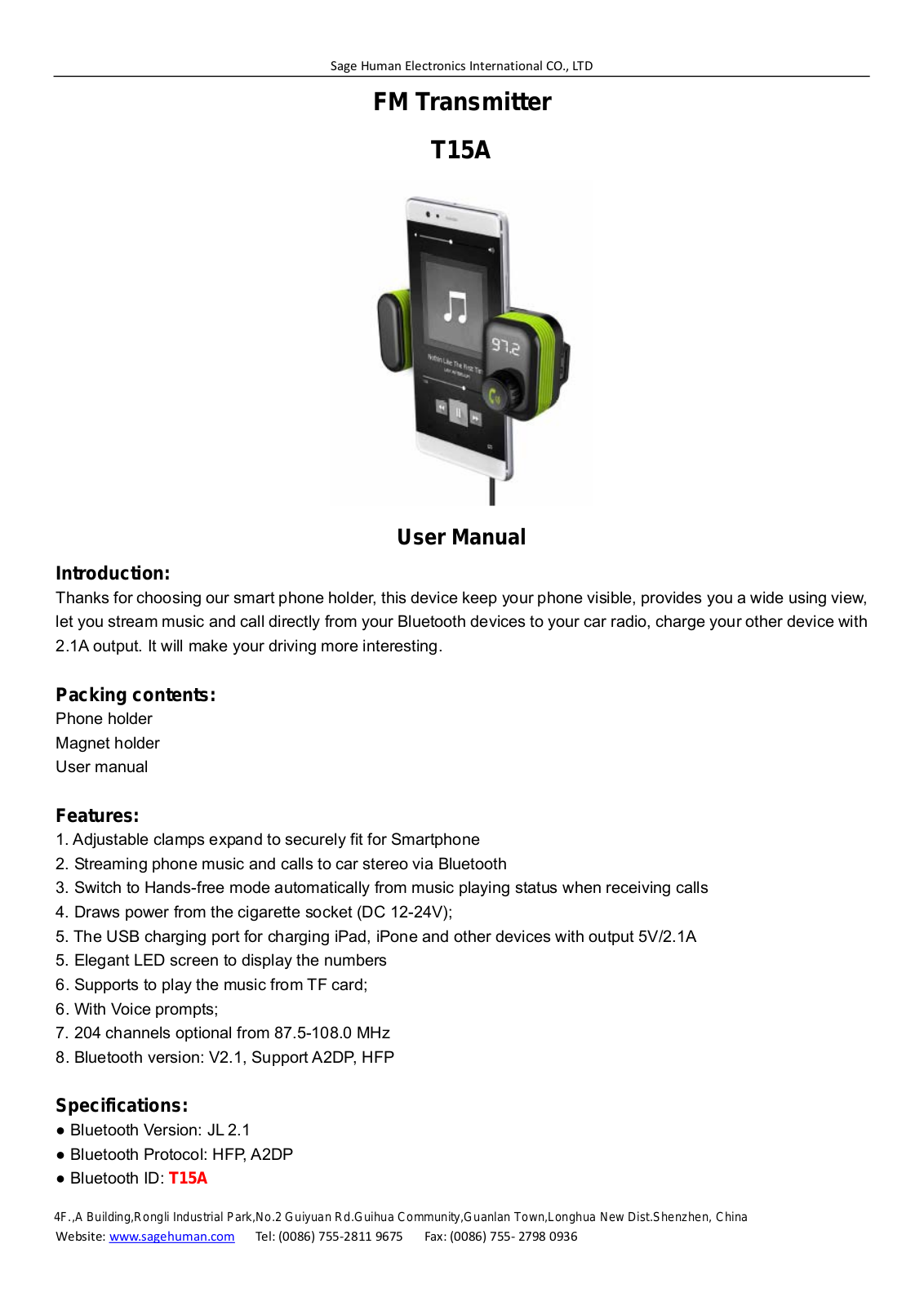 SAGE HUMAN ELECTRONICS T15A Users Manual