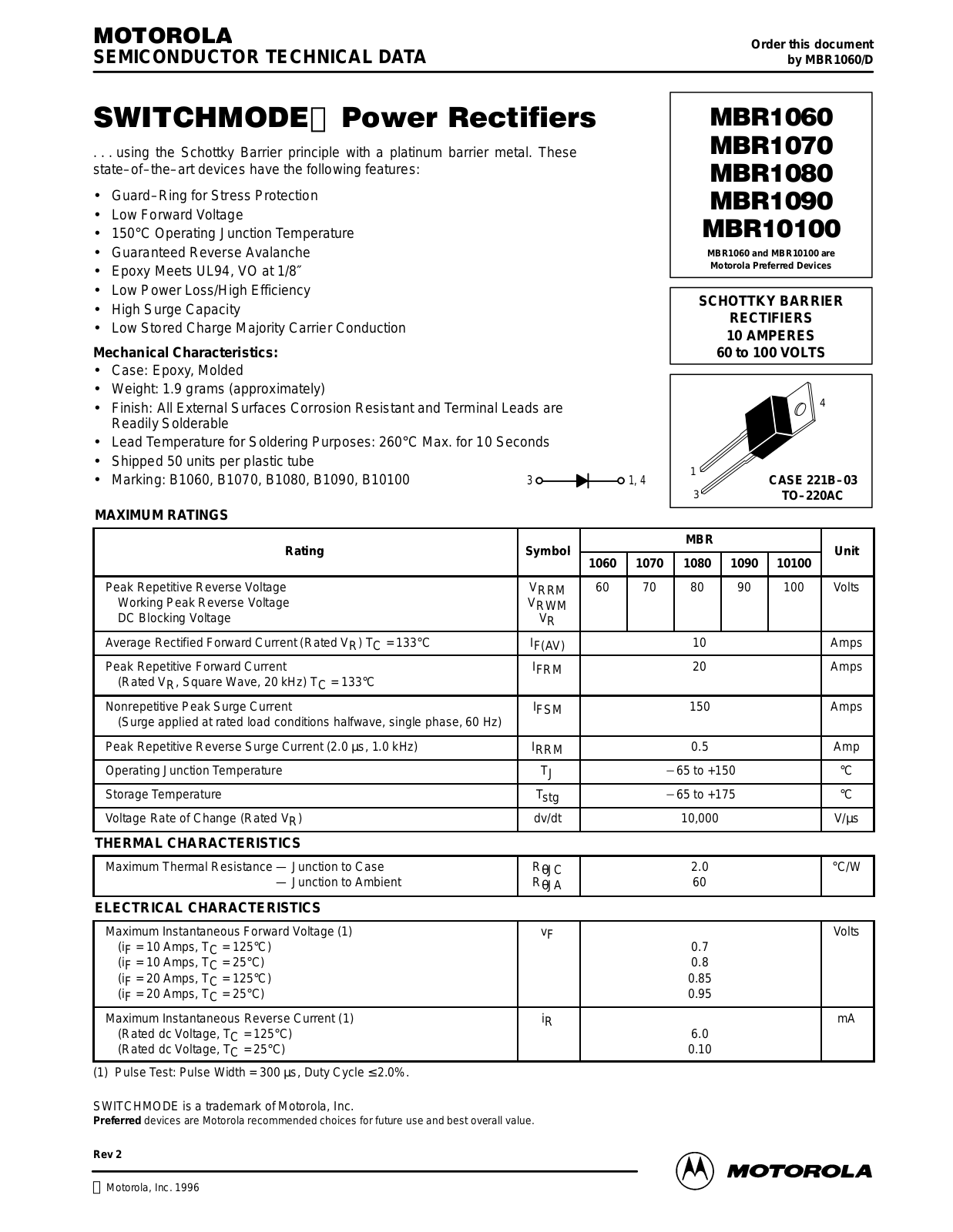 Motorola MBR1090, MBR1080, MBR10100, MBR1070, MBR1060 Datasheet