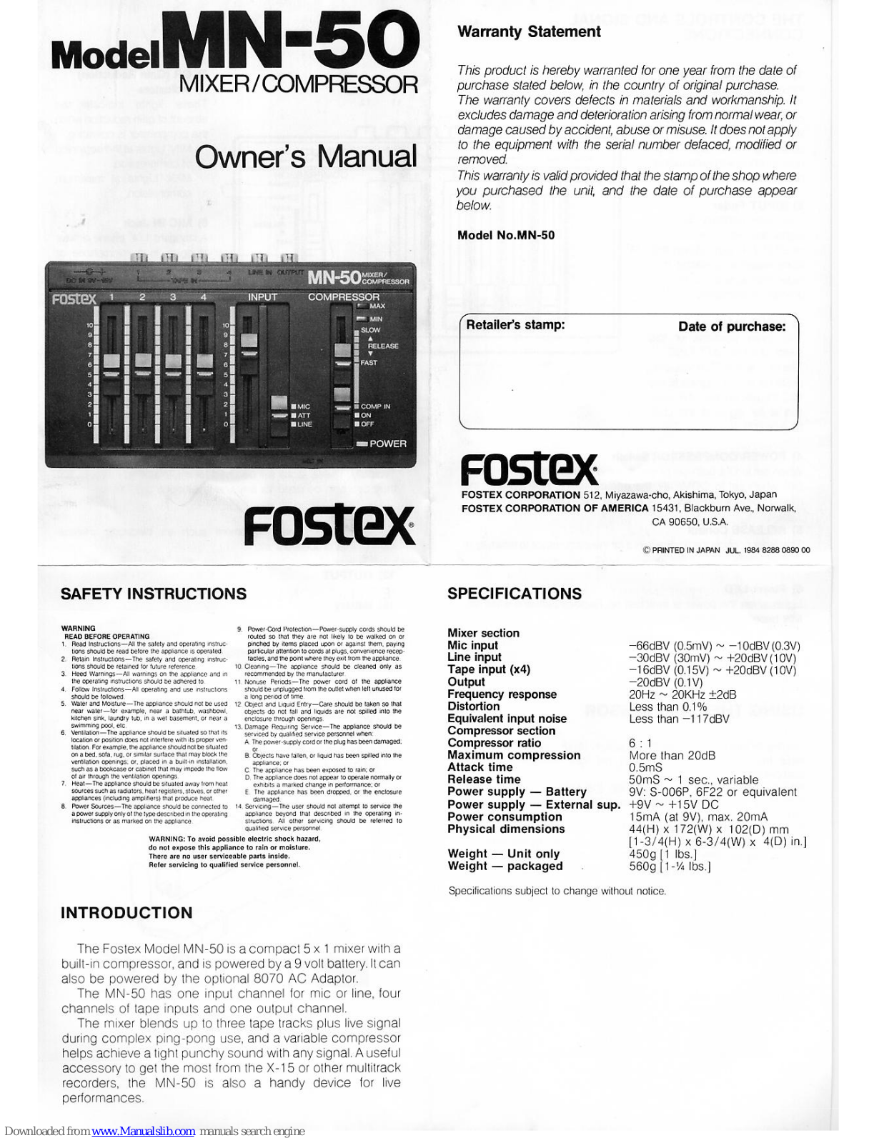 Fostex MN-50 Owner's Manual