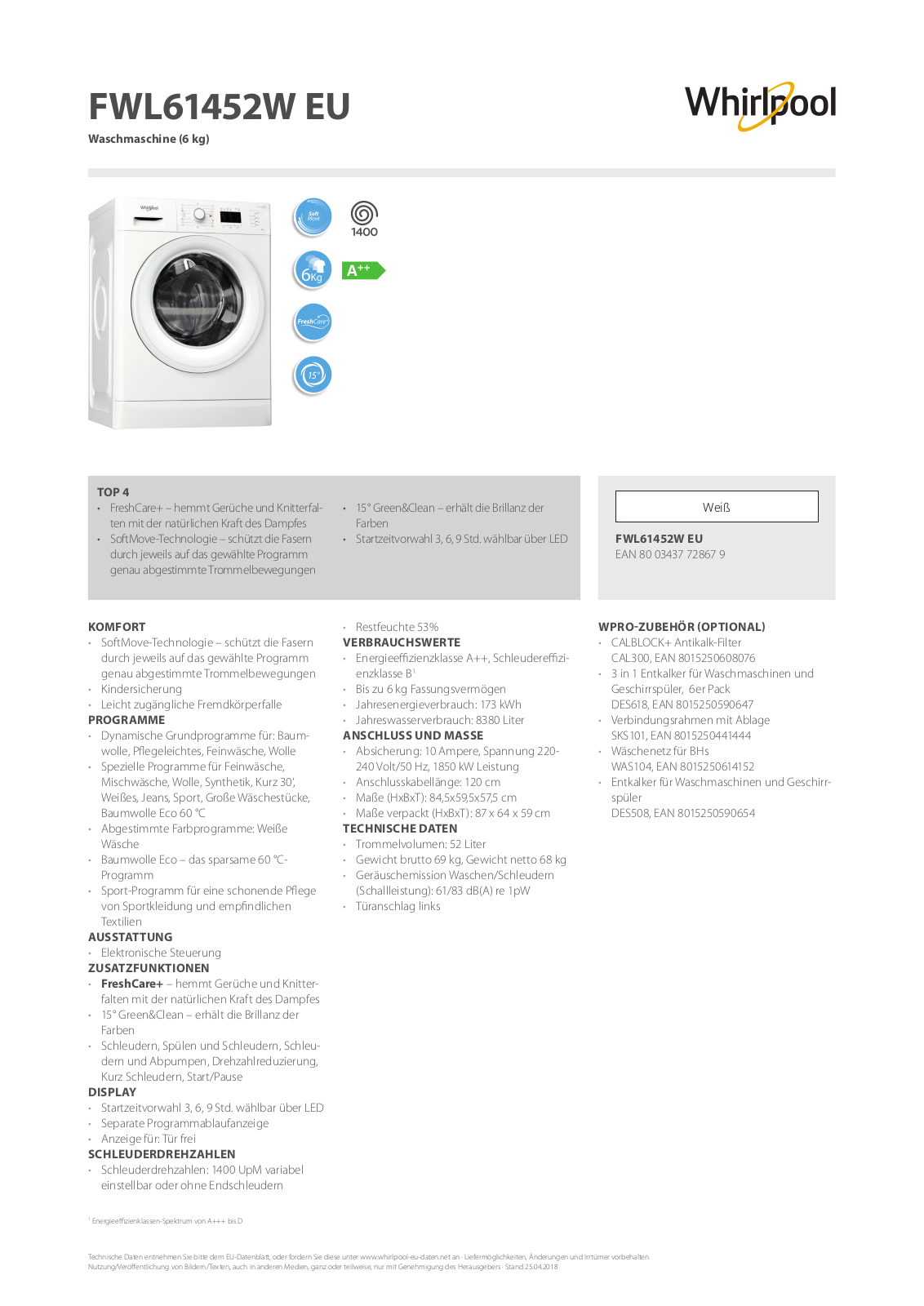 Whirlpool FWL61452W EU User Manual