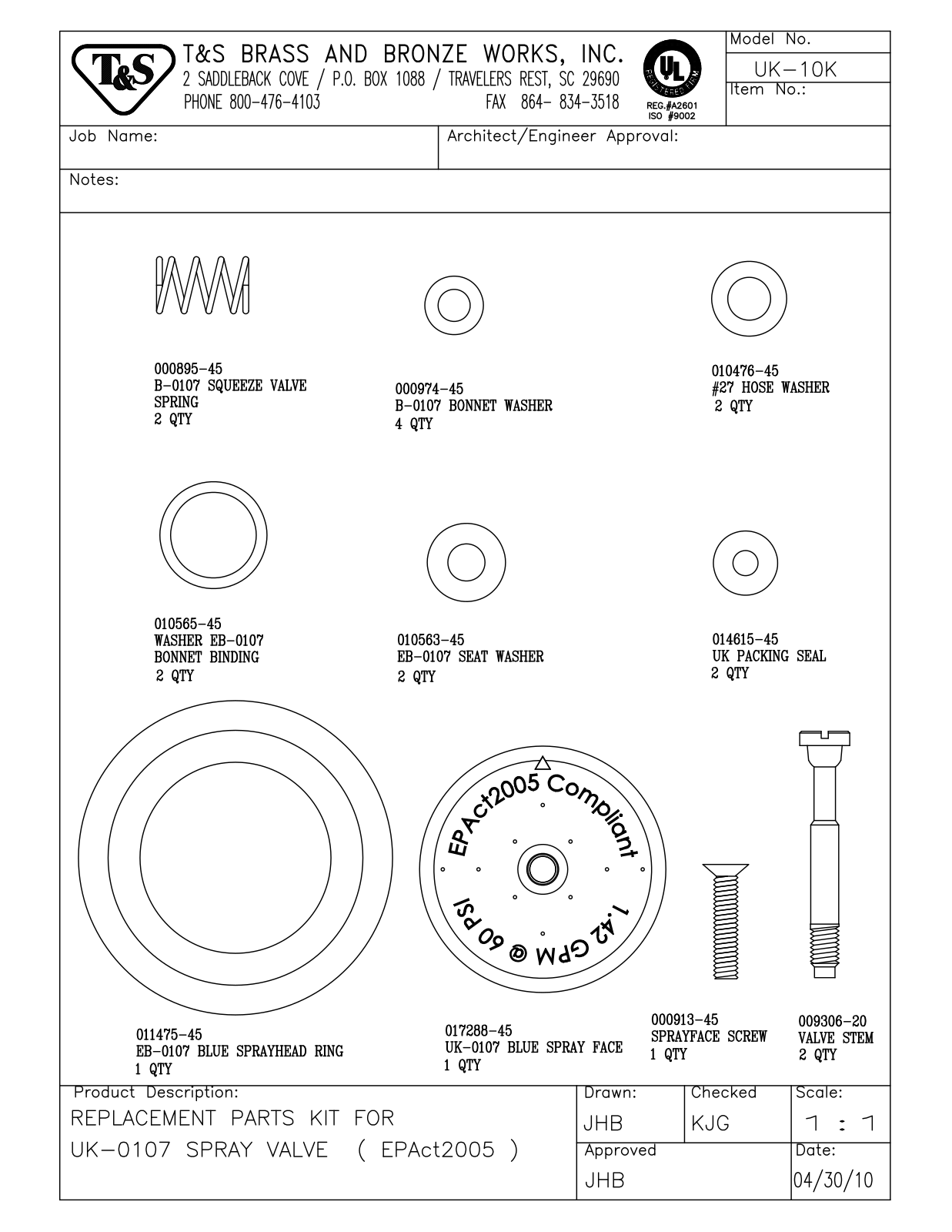 T&S Brass UK-10K Parts List