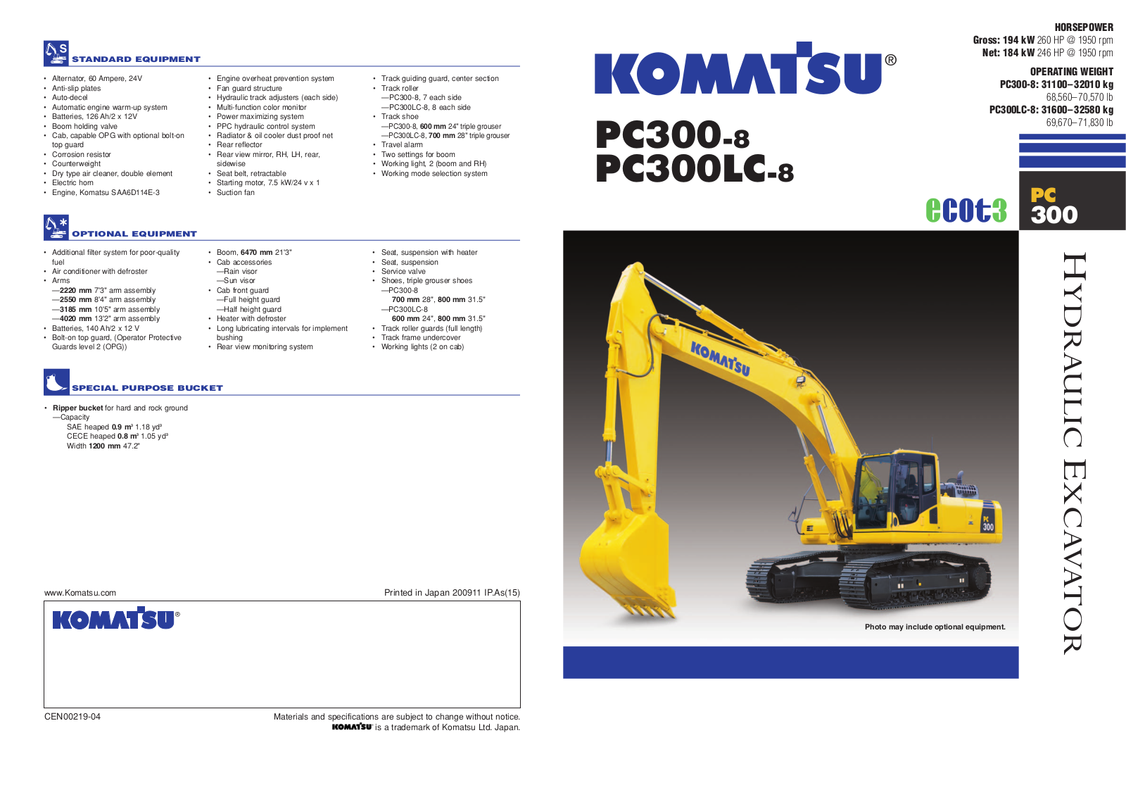 komatsu PC300LC-8 SPECIFICATIONS