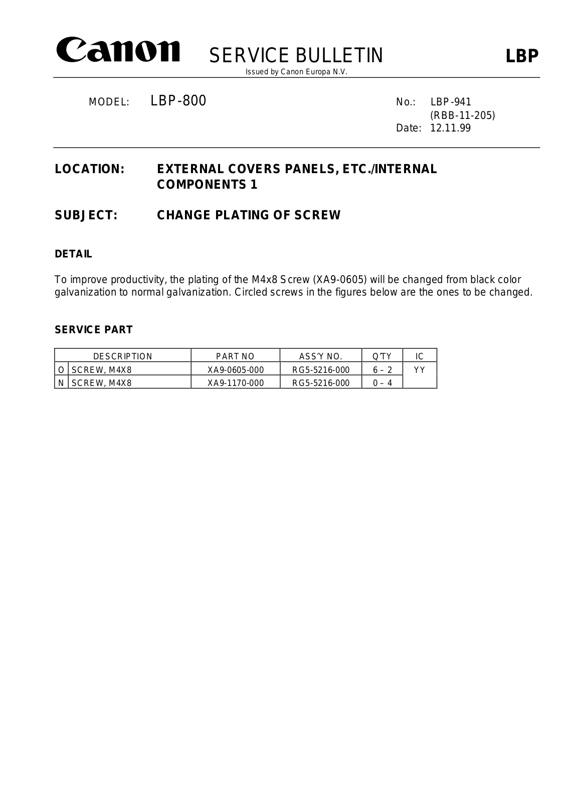 CANON lbp-941 SERVICE BULLETIN