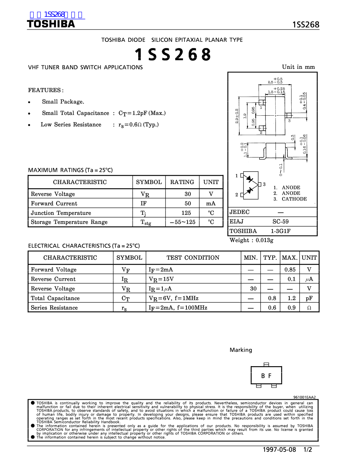 TOSHIBA 1SS268 Technical data