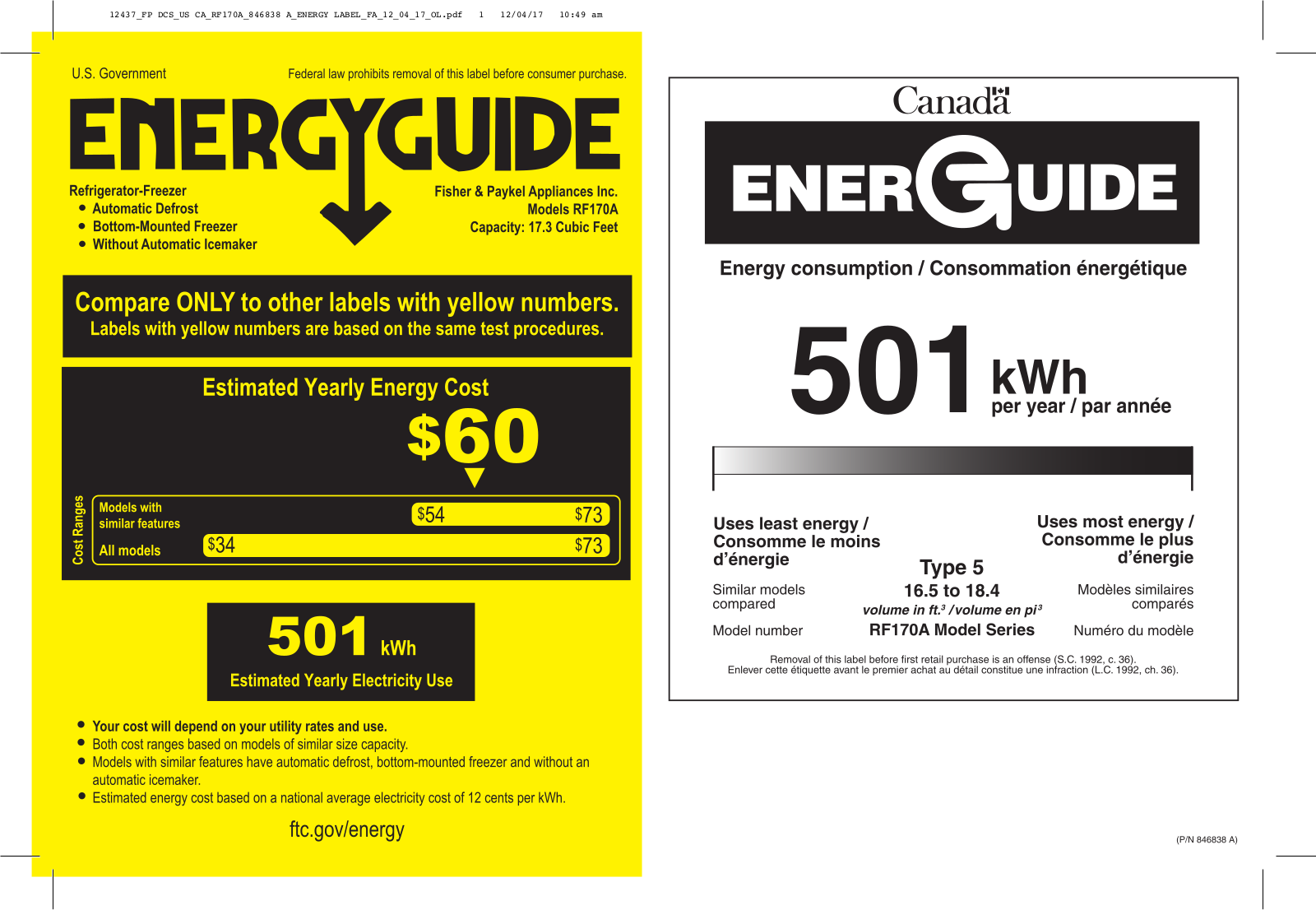 Fisher Paykel RF170ADX4N Energy Label