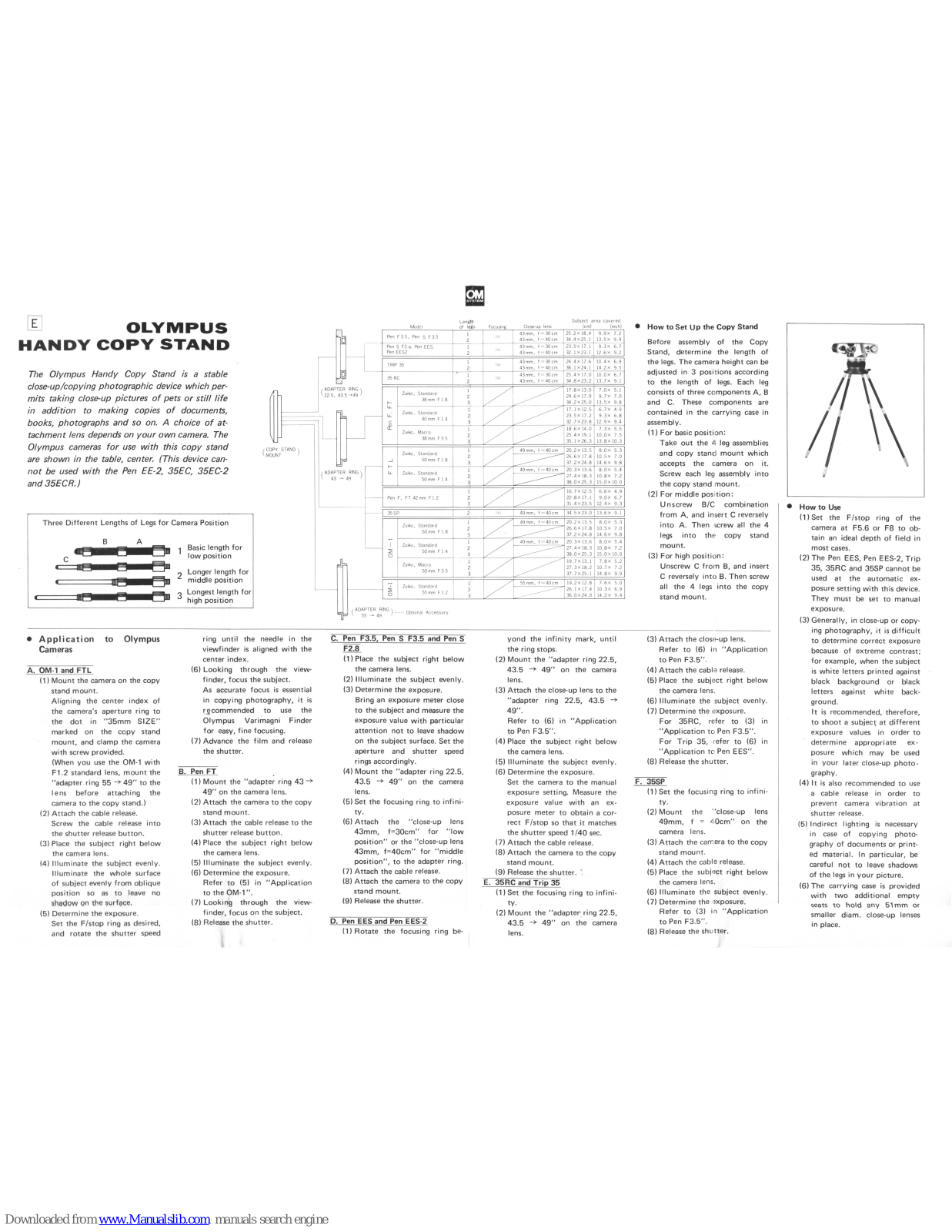 Olympus Handy copy stand Instructions Manual