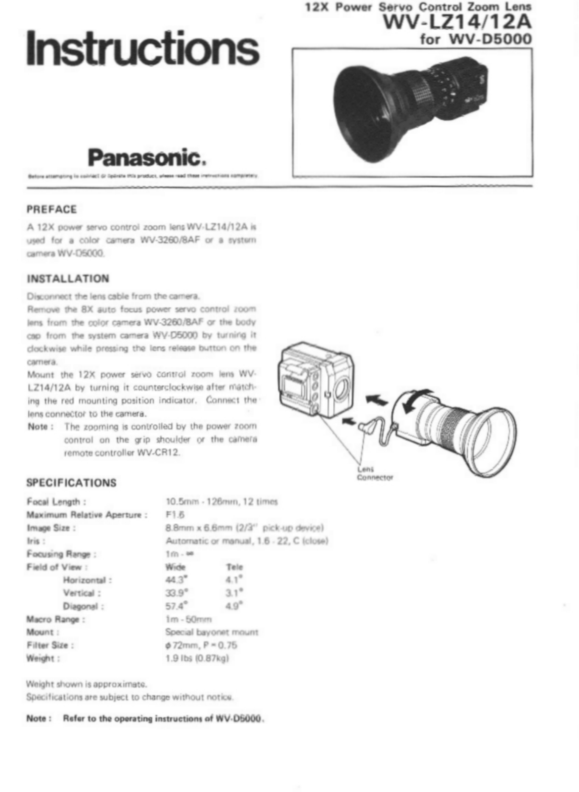 Panasonic WV-LZ1412A User Manual