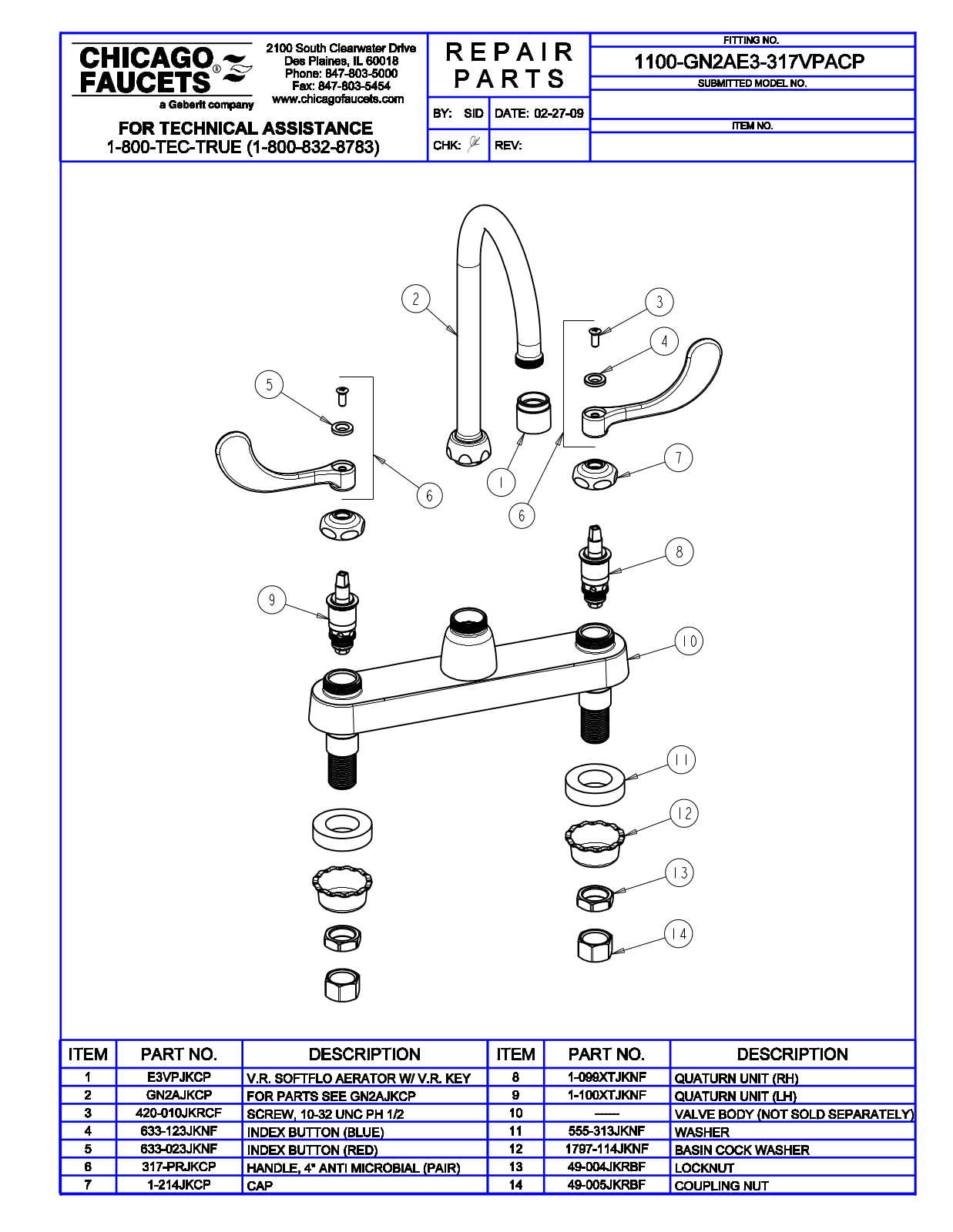 Chicago Faucet 1100-GN2AE3-317VPACP Parts List