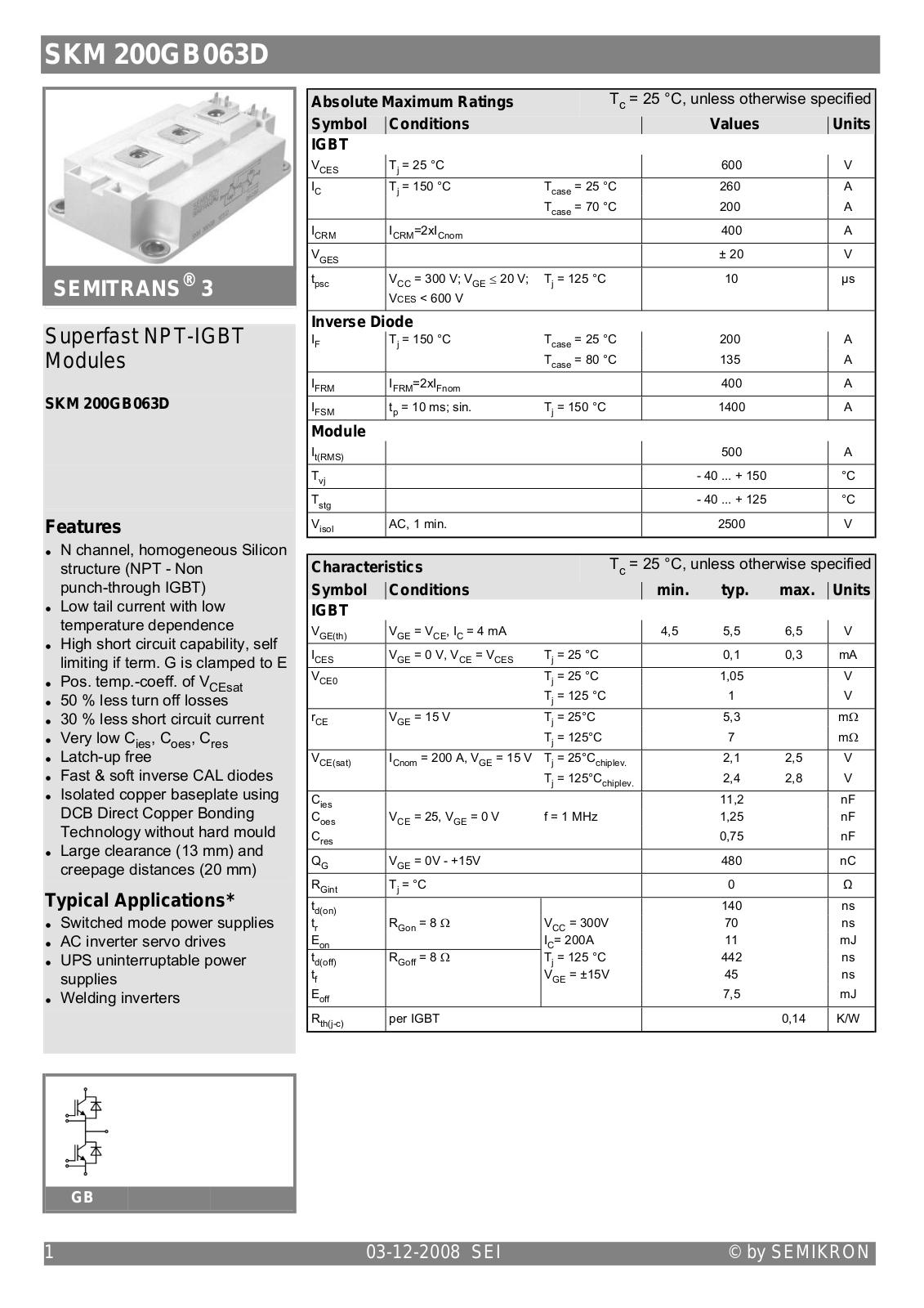 Semikron SKM200GB063D Data Sheet