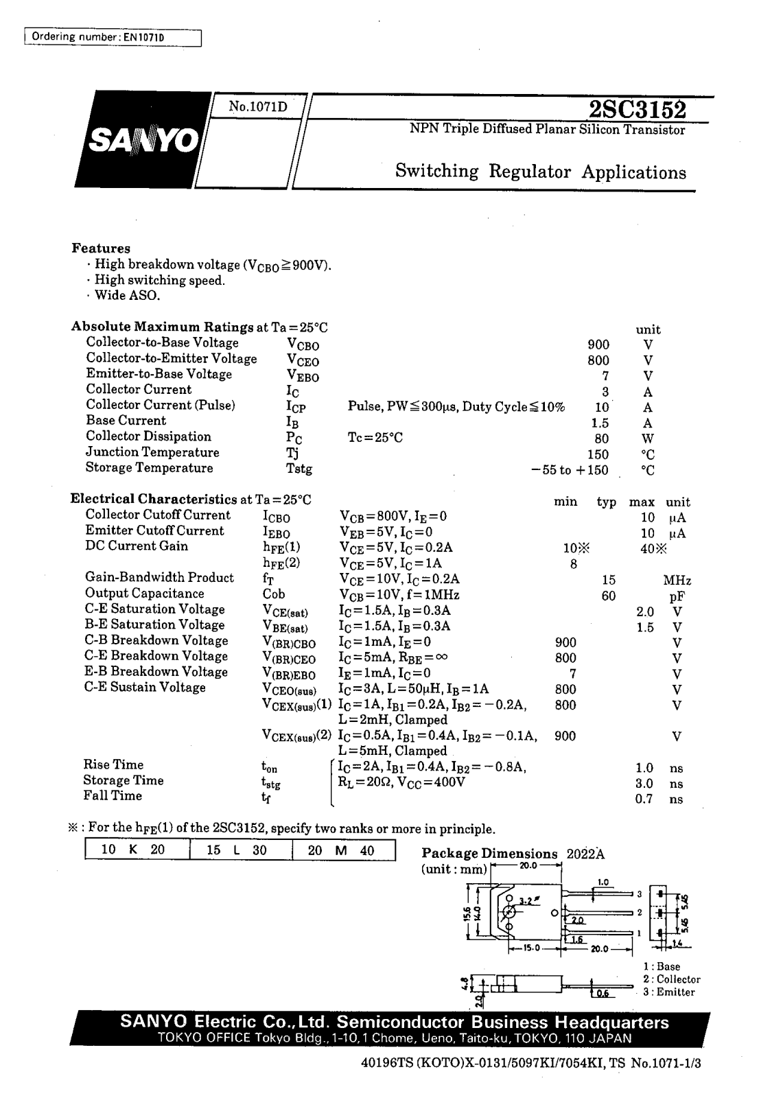 SANYO 2SC3152 Datasheet