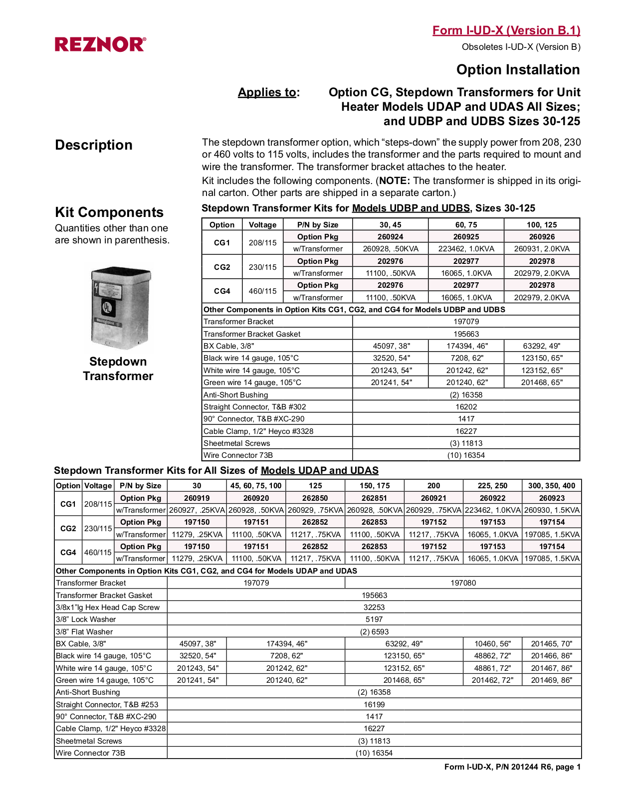 Reznor UDBS Sizes 30-125 User Manual