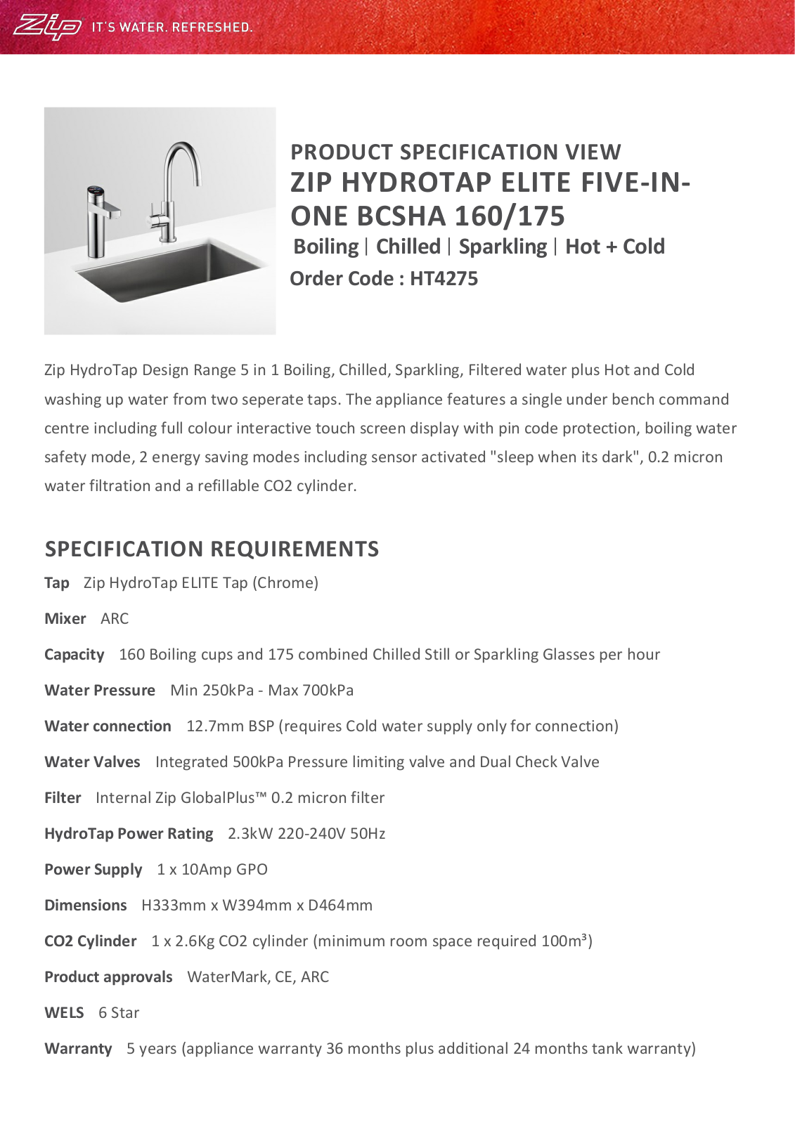 Zip HT4275-91295 Specifications Sheet