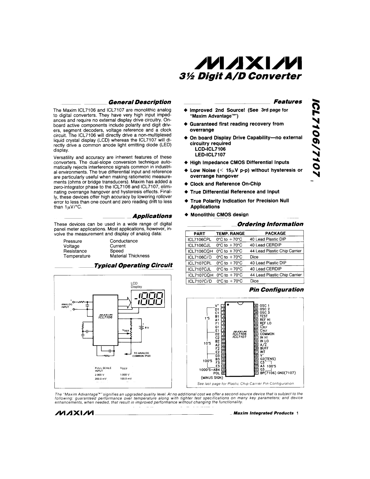 Maxim Integrated Producs ICL7106CD, ICL7106CJL, ICL7106CPL, ICL7106CQH, ICL7107CD Datasheet