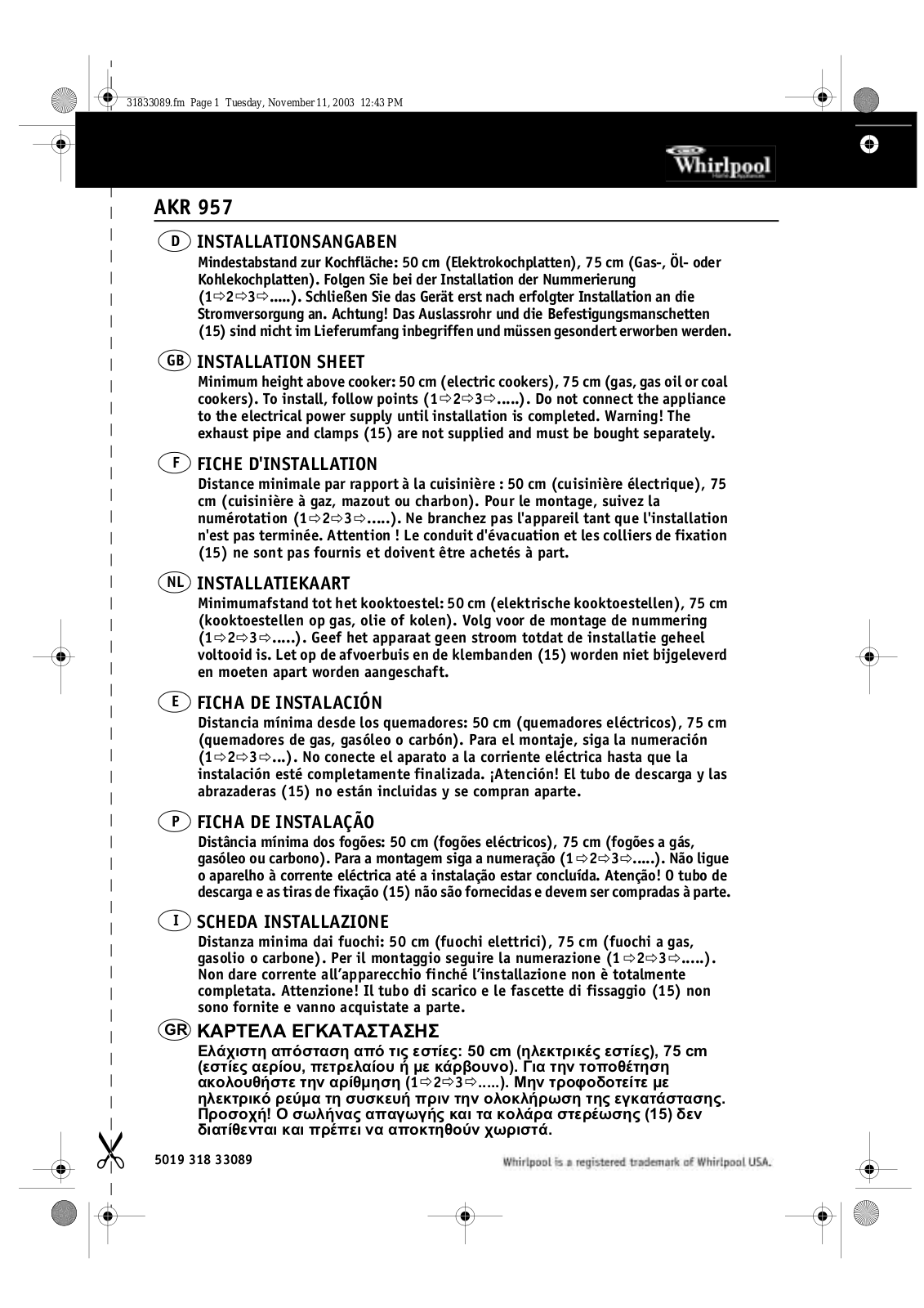 Whirlpool AKR 957 IX INSTRUCTION FOR USE