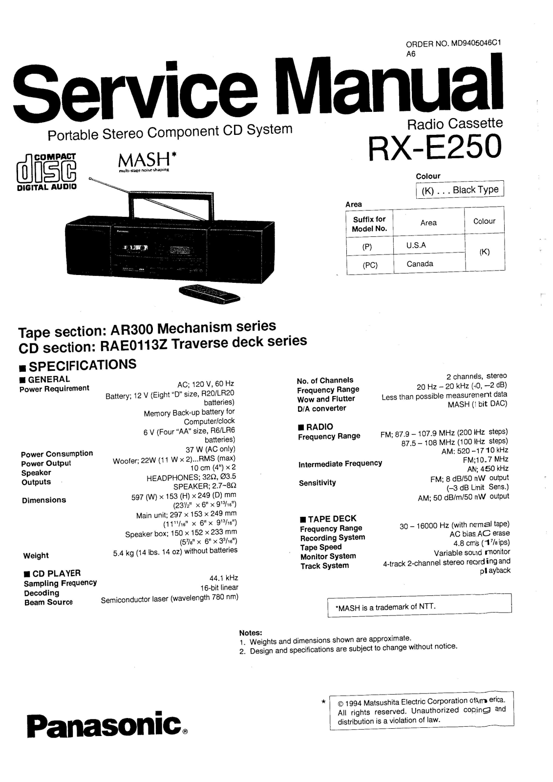 Panasonic RXE-250 Service manual