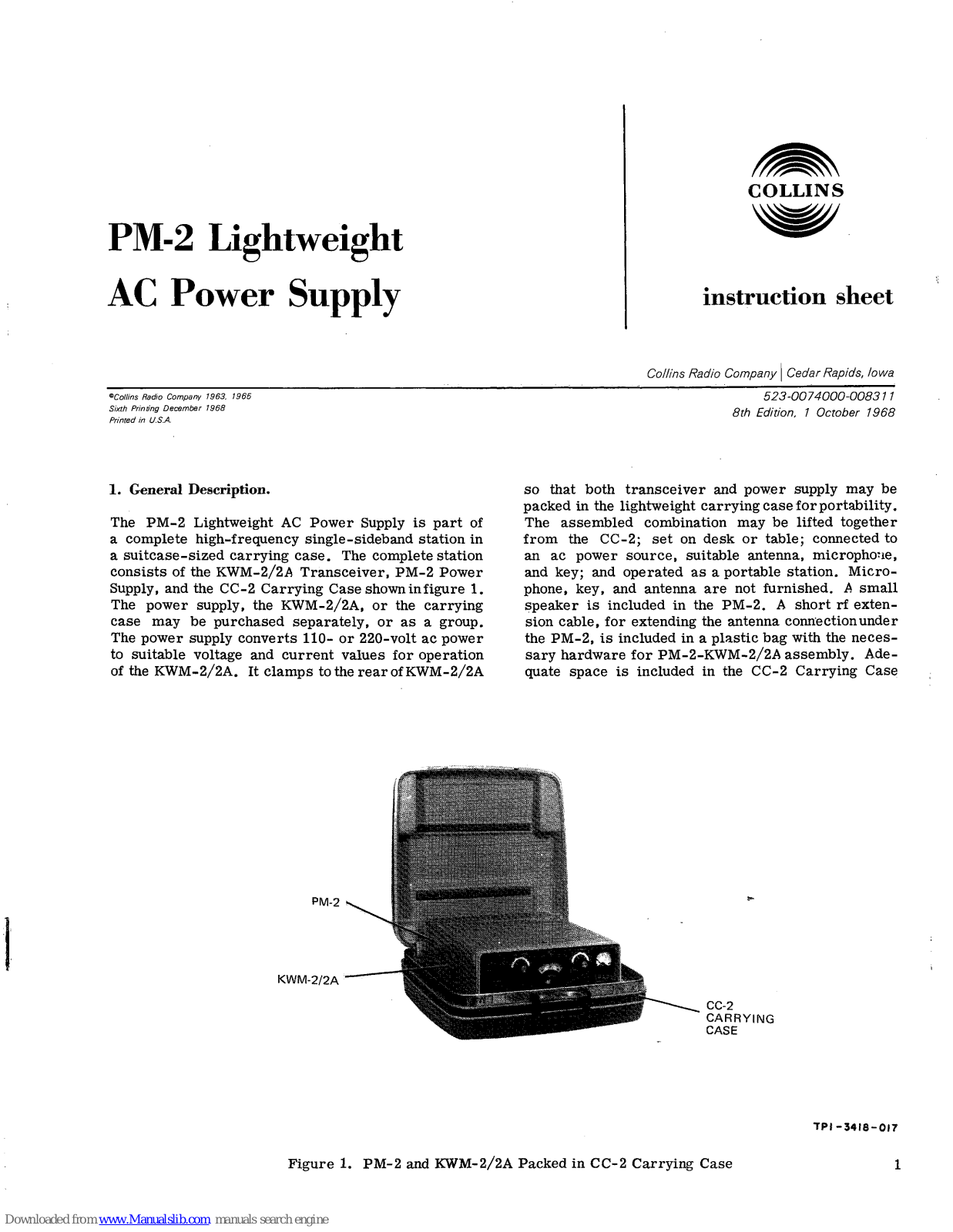 Collins PM-2 Lightweight Instruction Sheet