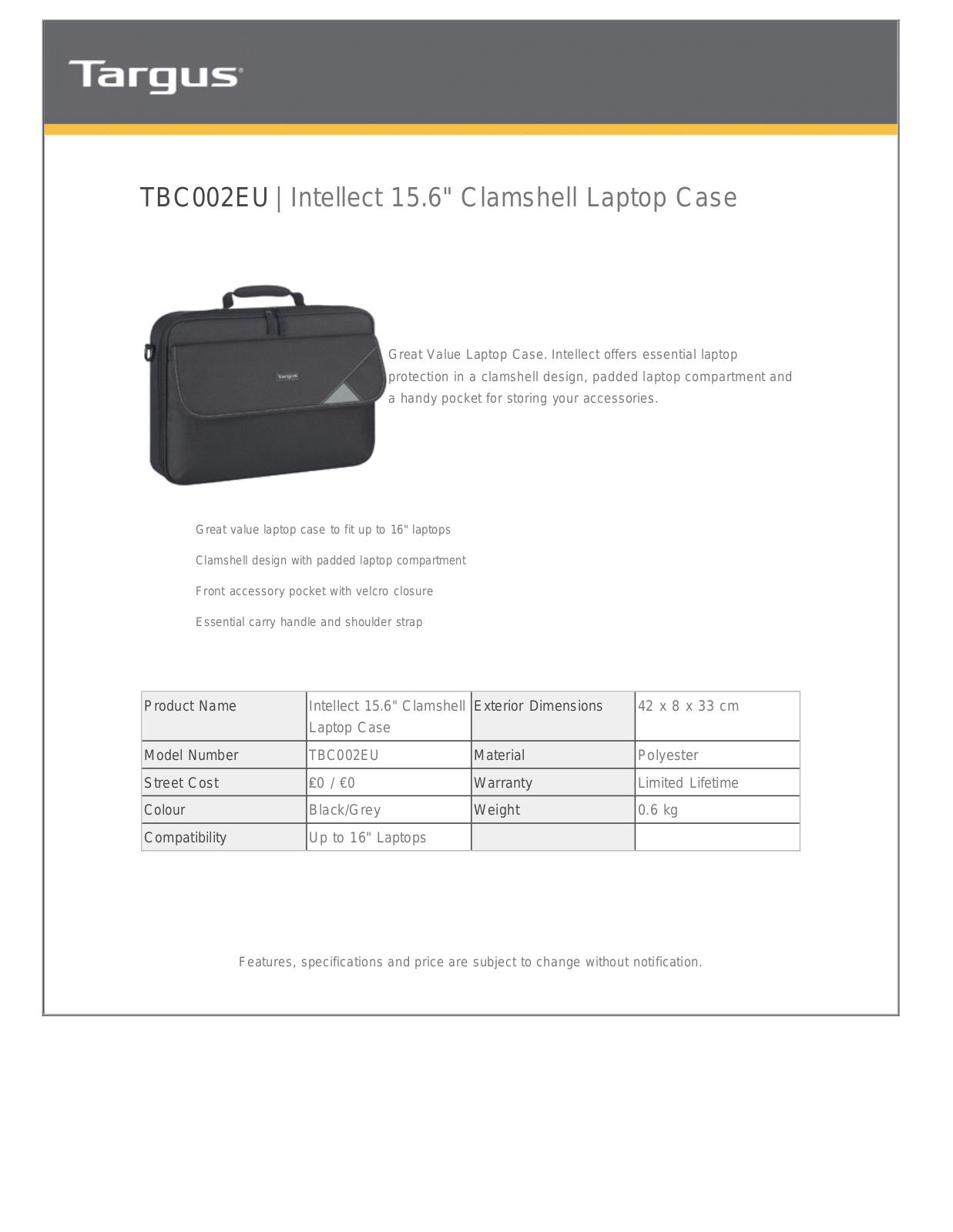 Targus TBC002EU Product Data Sheet