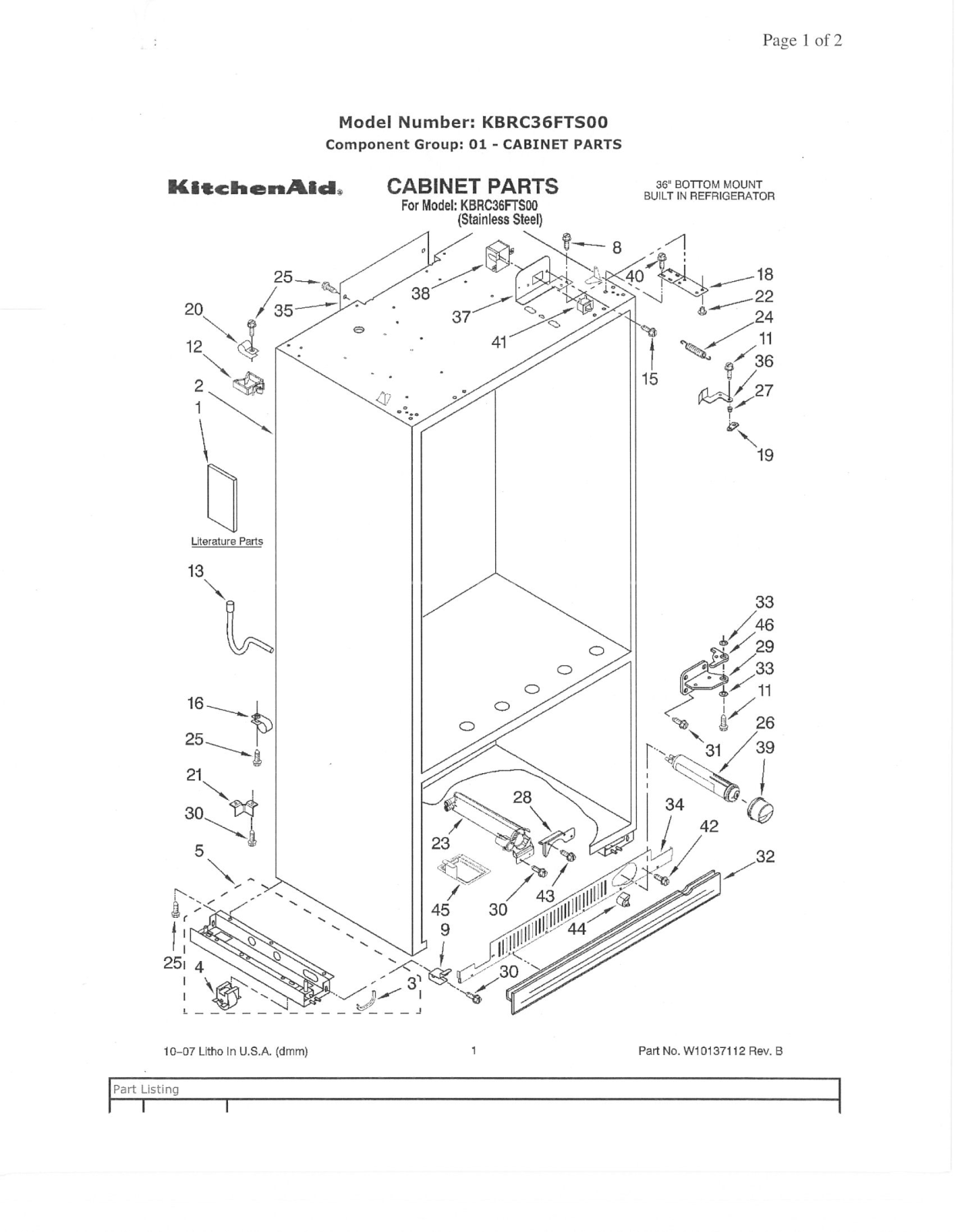 KitchenAid KBRC36FTS00 Parts List