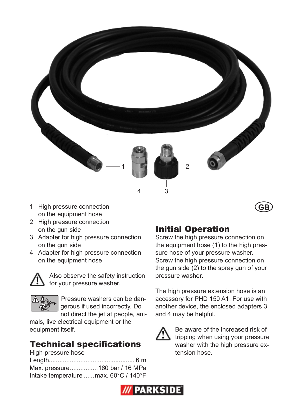 Parkside High-Pressure Extension Hose User Manual