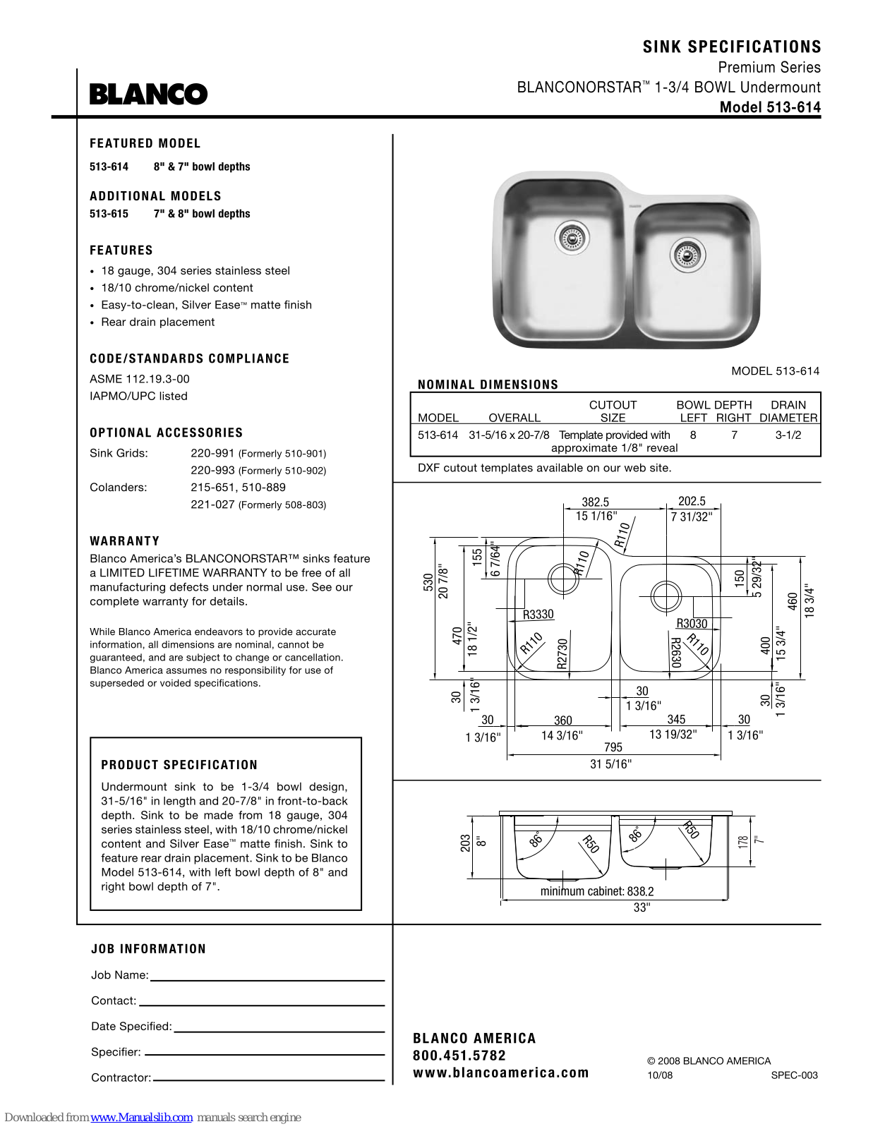 Blanco 513-615 Specification Sheet - ManualMachine.com
