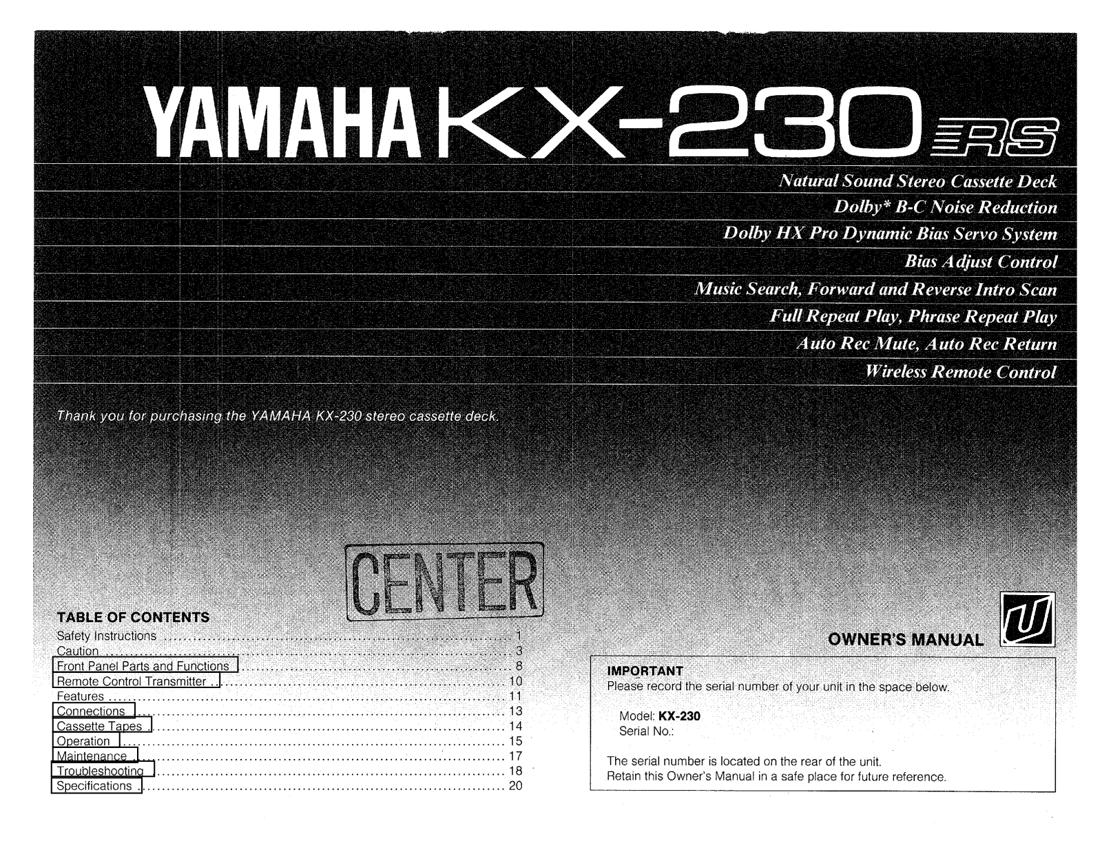 Yamaha KX-230, KX-230RS Owner Manual