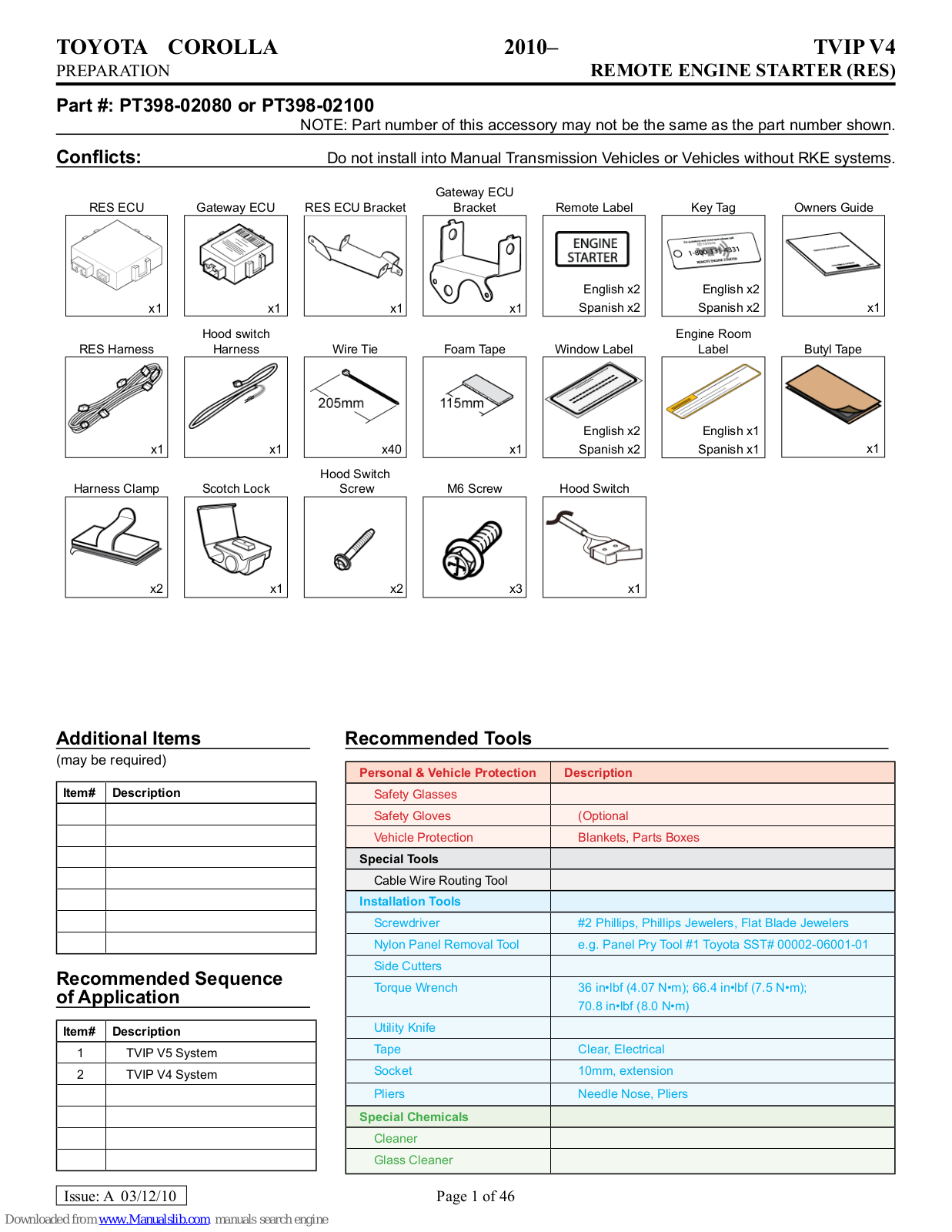 Toyota PT398-02080, PT398-02100 Installation Manual