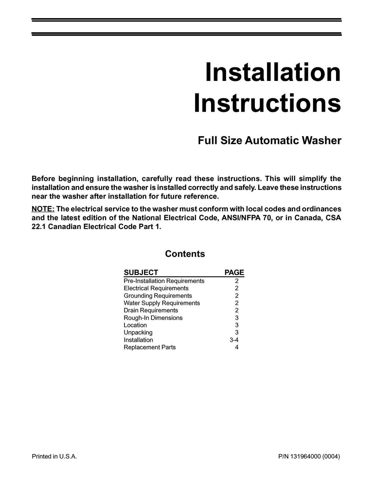 Frigidaire FWS1233AS2, FWS1339AC0, FWS1339AC1, FWS1339EC0 Installation Guide