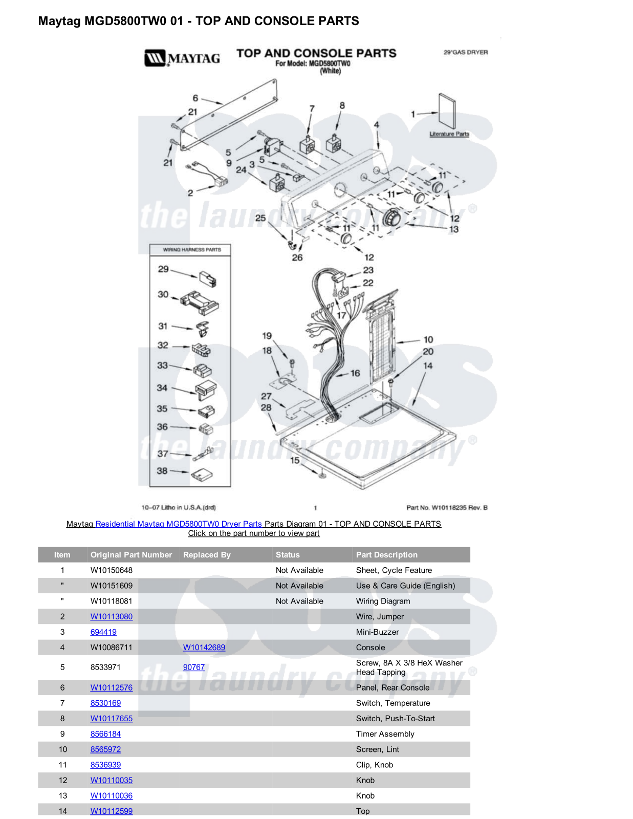 Maytag MGD5800TW0 Parts Diagram