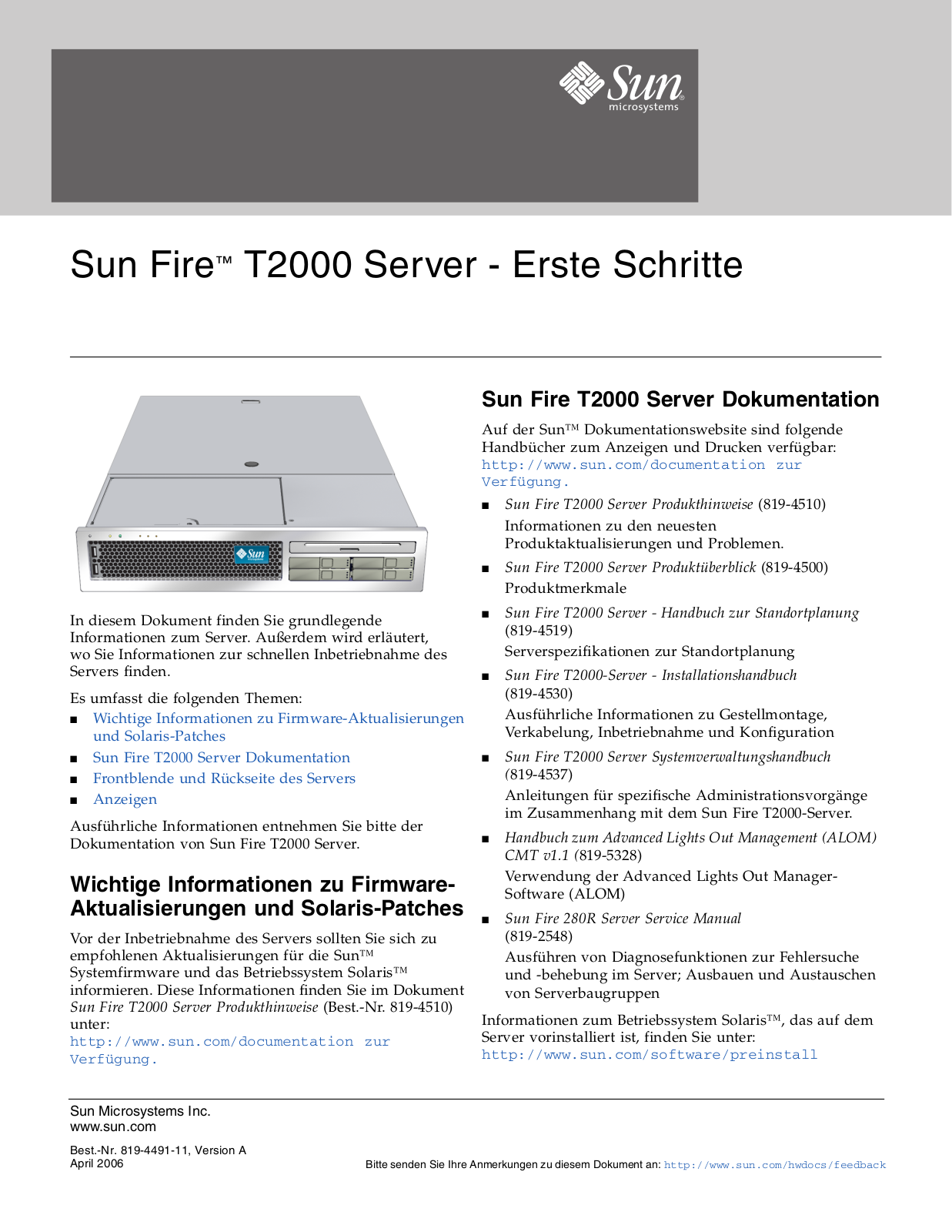 Sun Microsystems Sun Fire T2000 Getting Started Guide