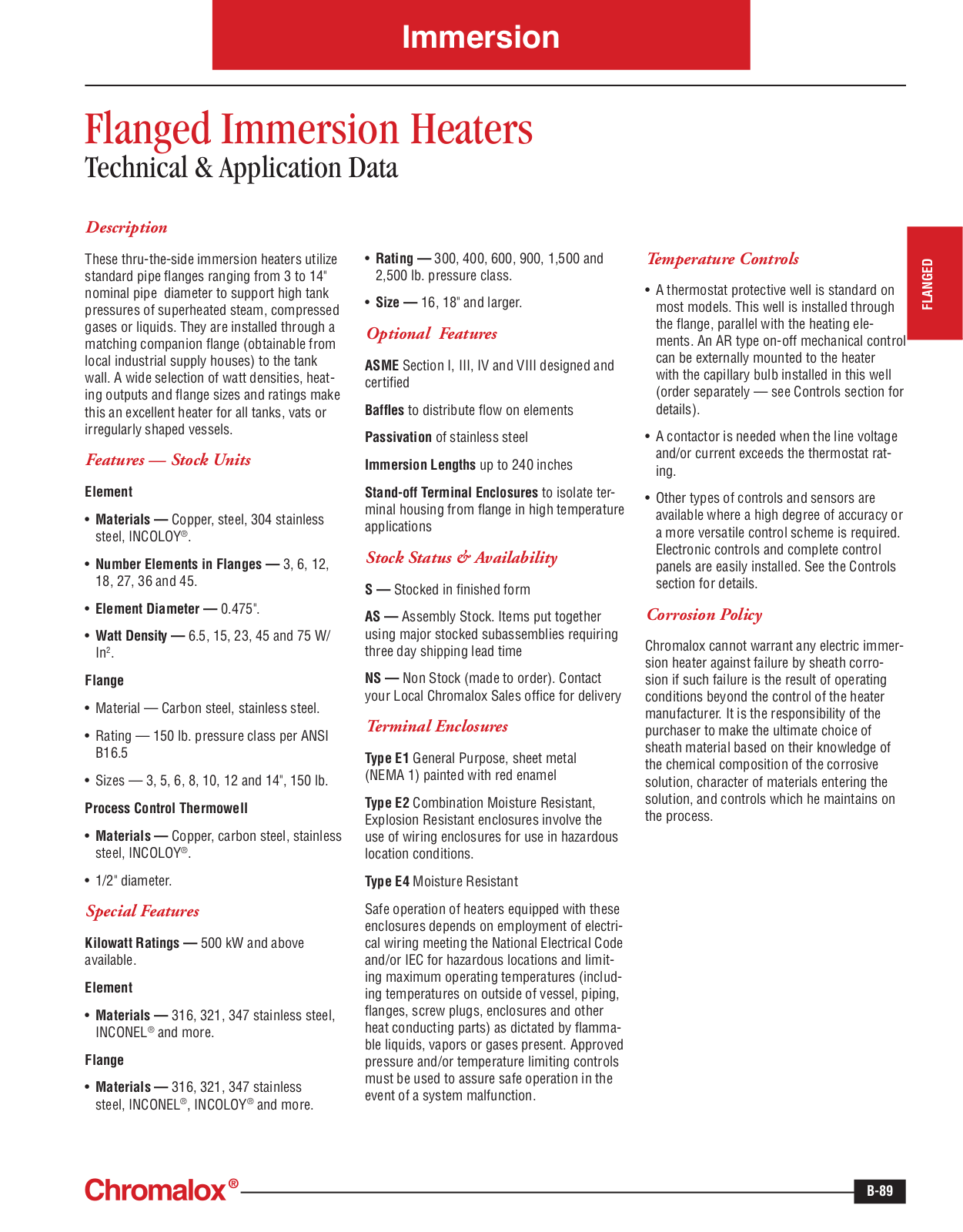 Chromalox Flanged immersion heaters Technical Data