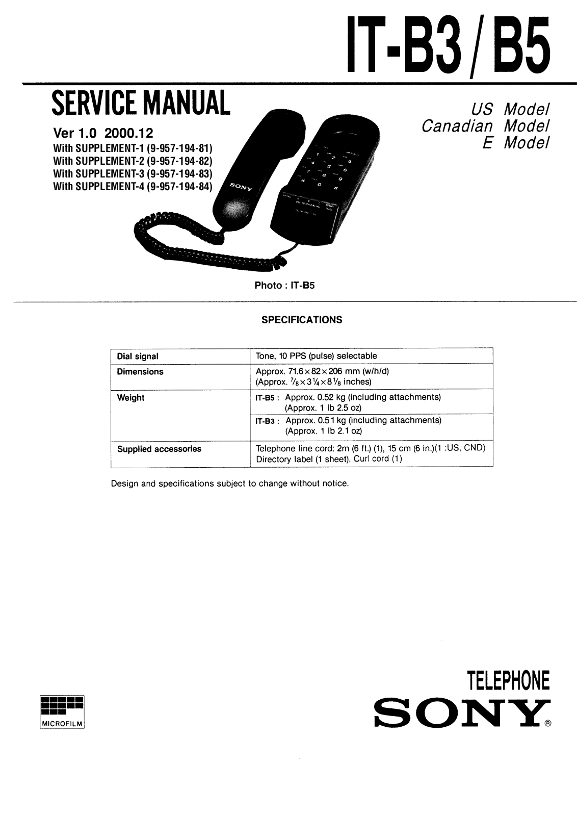 Sony IT-B3, IT-B5 Service manual