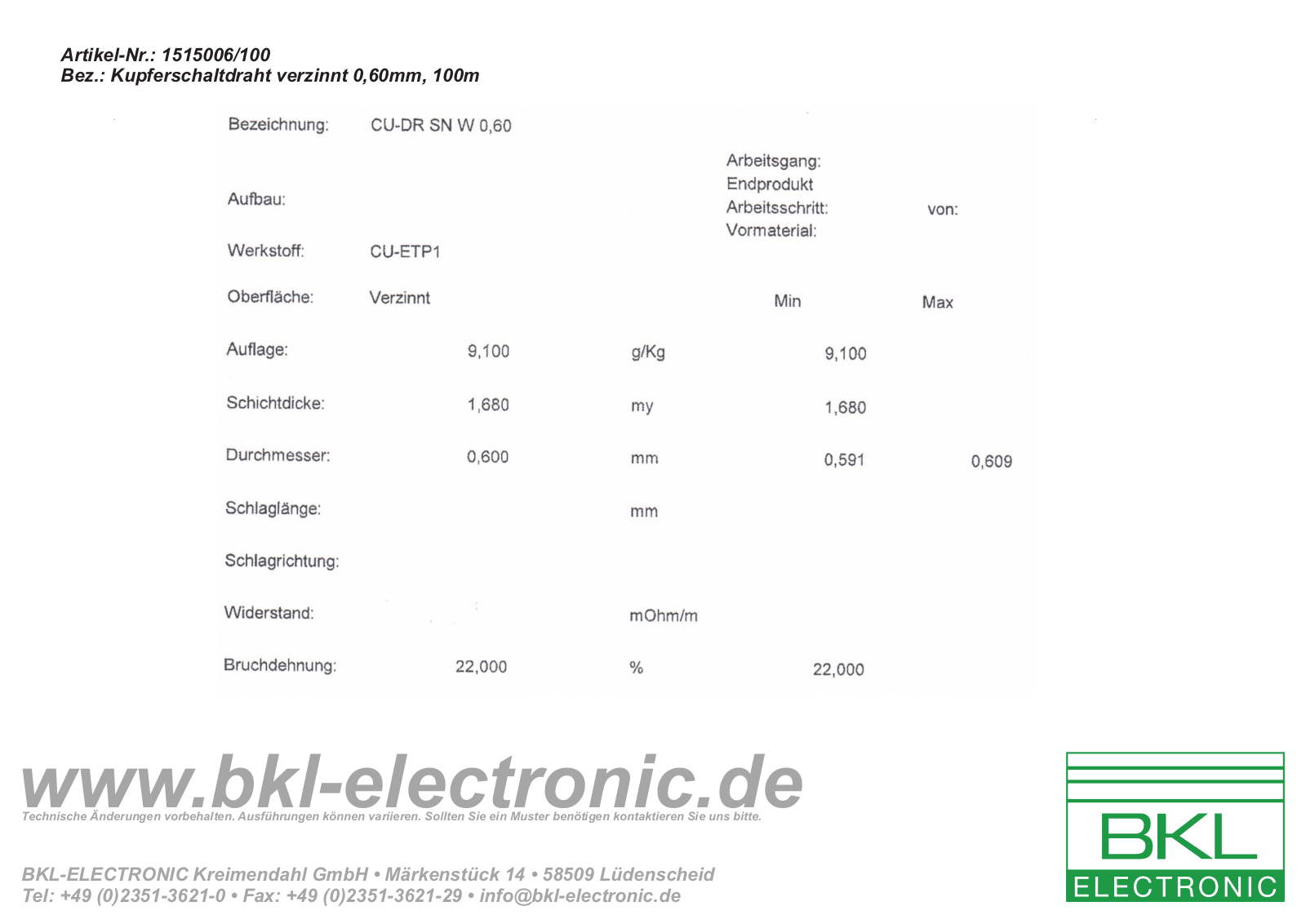 BKL ZINN 0,6-100M Datasheet - ManualMachine.com