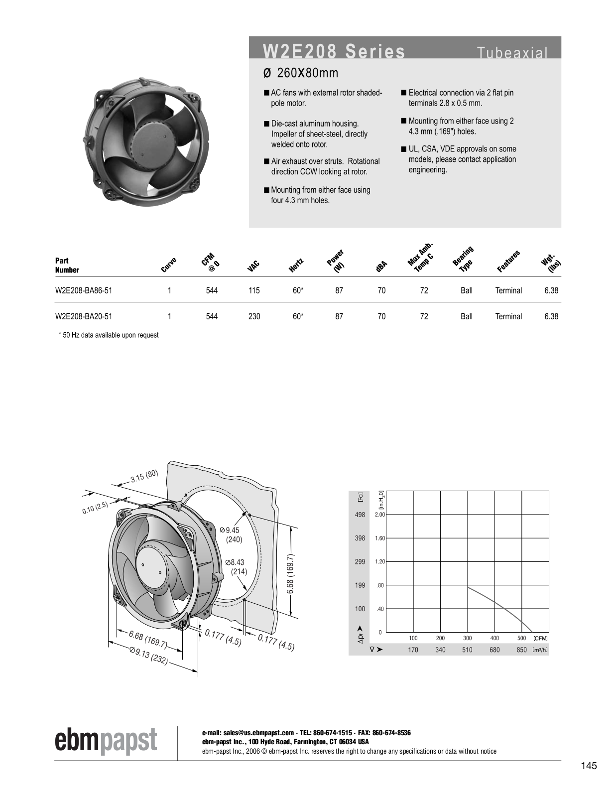 ebm-papst Tubeaxial Series W2E208 Catalog Page