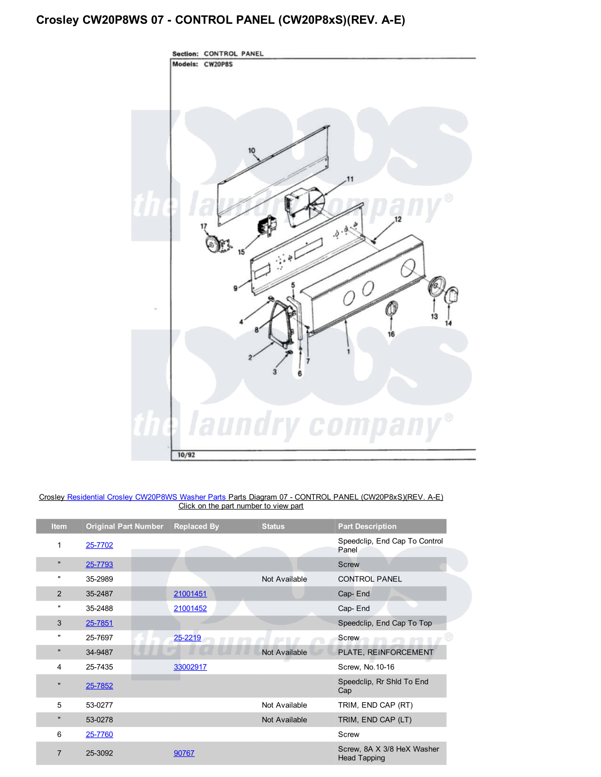 Crosley CW20P8WS Parts Diagram