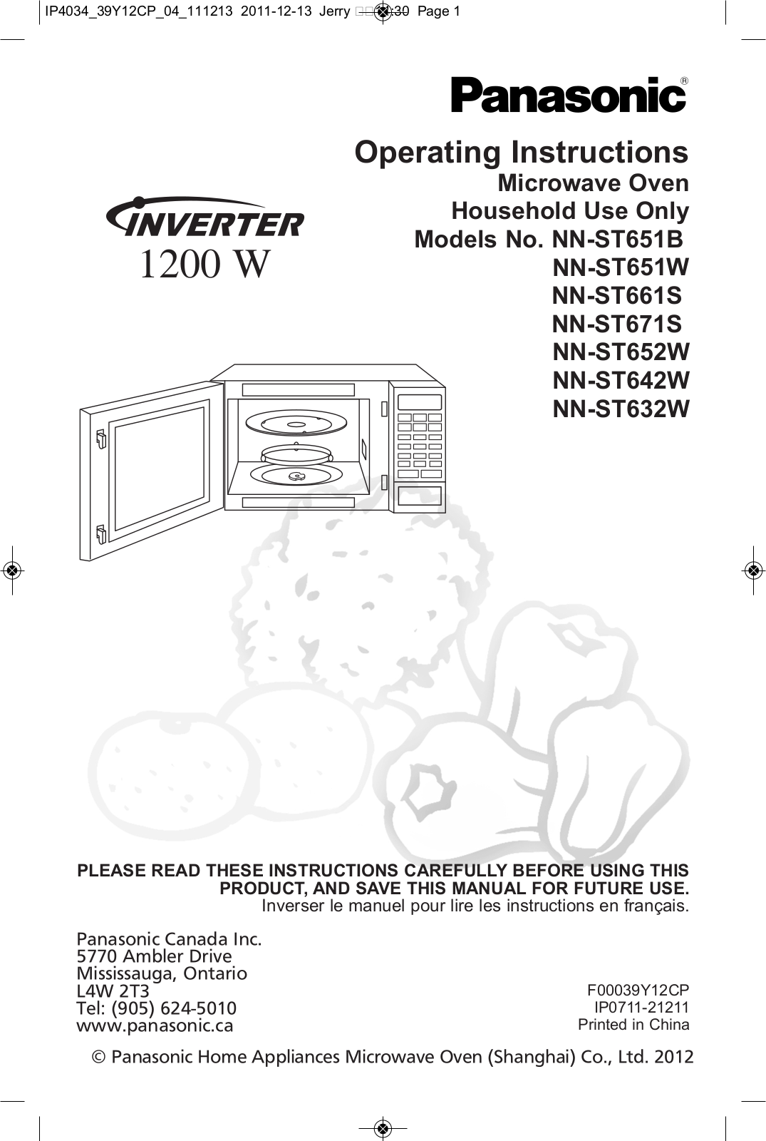 Panasonic NN-ST632W, NN-ST651B, NN-ST651W, NN-ST661S, NN-ST671S User Manual