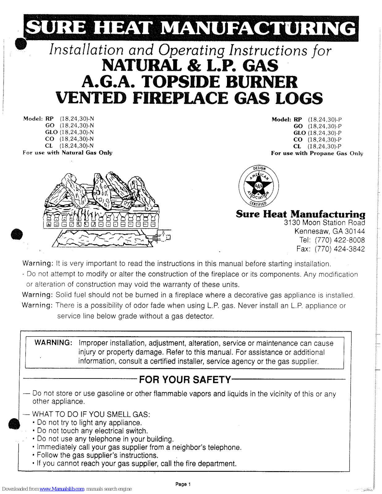 Sure Heat Manufacturing GO 24-N, GO 30-N, GLO 18-N, GLO 24-N, GLO 30-N Installation And Operating Instructions Manual