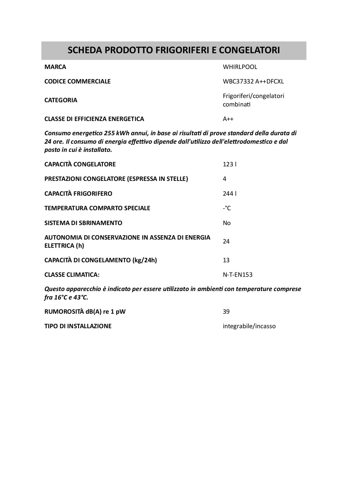 Whirlpool WBC37332 A DFCXL INSTRUCTION FOR USE