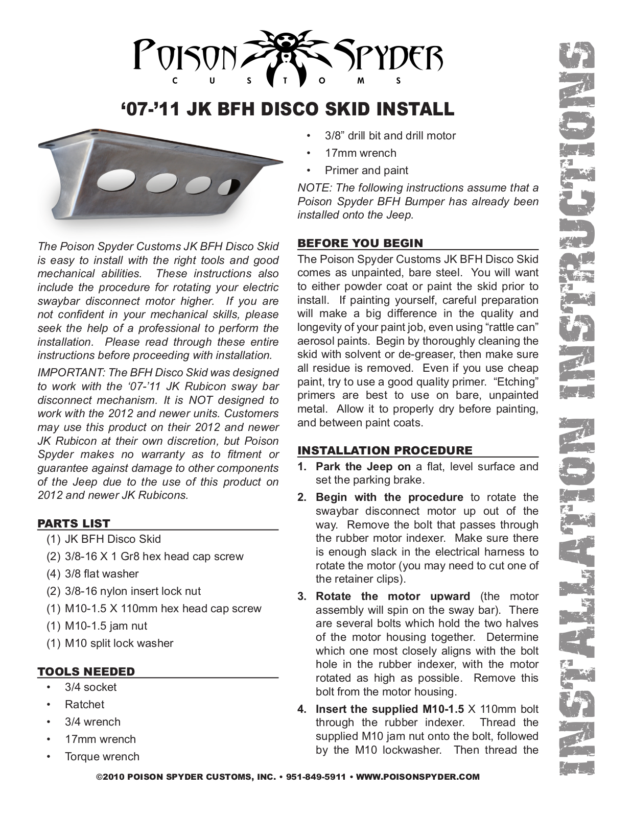 Poison Spyder JK BFH 07-11 DISCO SKID User Manual