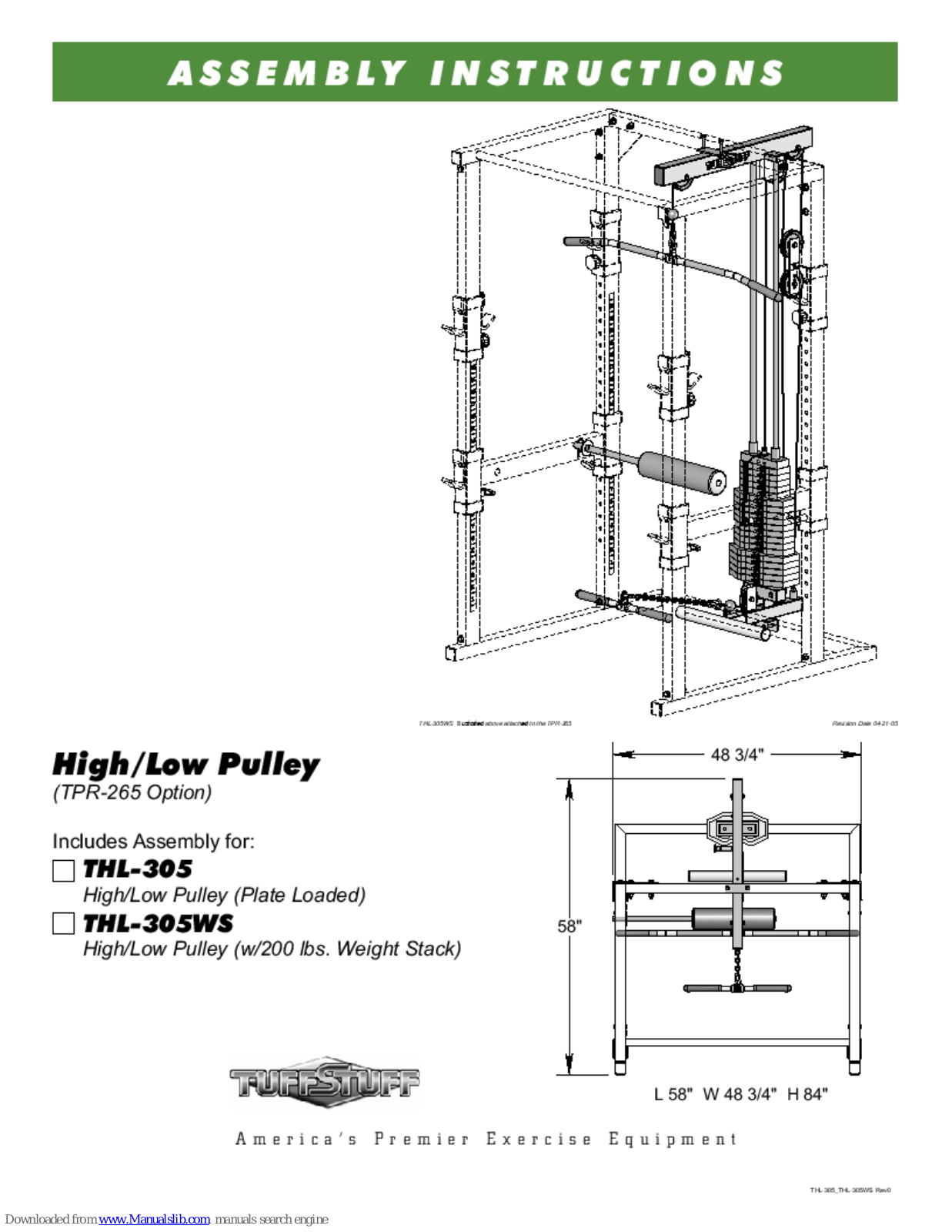 Tuff stuff THL-305WS, THL-305 Assembly Manual