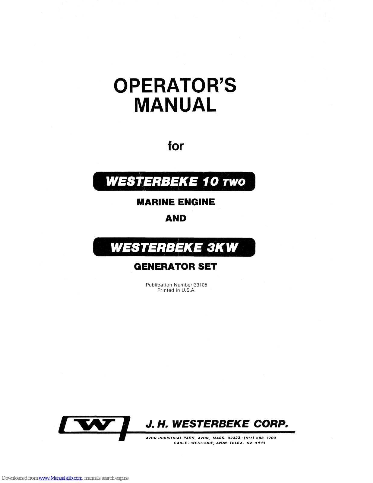 Westerbeke 10TWO, 3KW Operator's Manual - ManualMachine.com