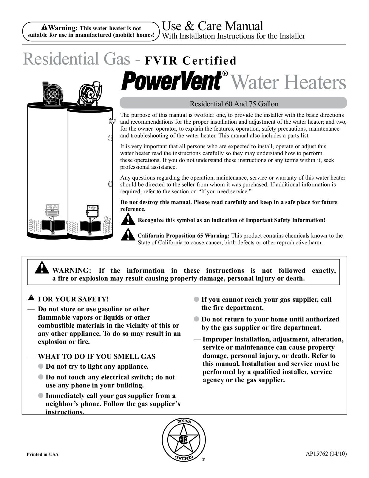 Rheem Professional Classic Plus Series Power Vent User Manual