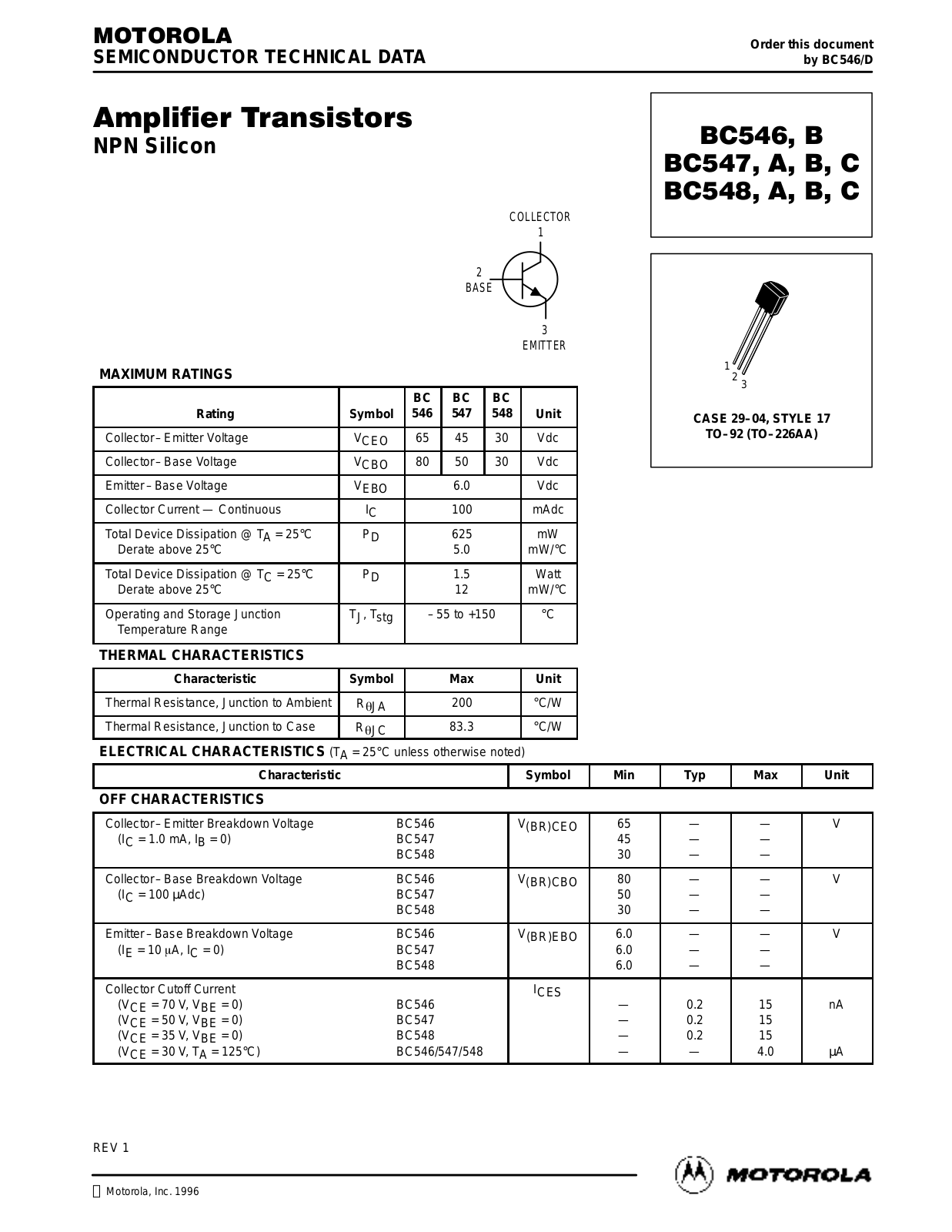 Motorola BC548C, BC548, BC548B, BC548A, BC547B Datasheet