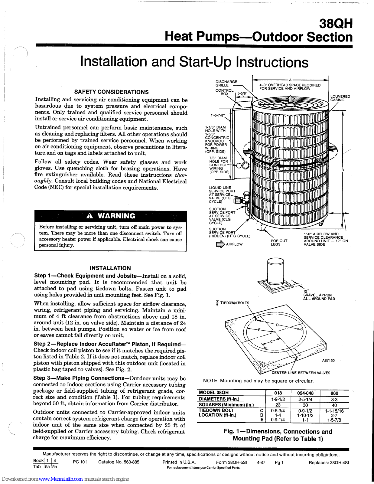 Carrier 38QH, 38QH018, 38QH024, 38QH048, 38QH060 Installation And Start-up Instructions Manual